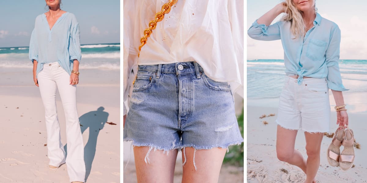 beach vacation outfits, what to wear mexico, what to pack mexico, what i wore mexico, erin busbee, white flare jeans, moussy vintage packard denim shorts, white agolde parker shorts