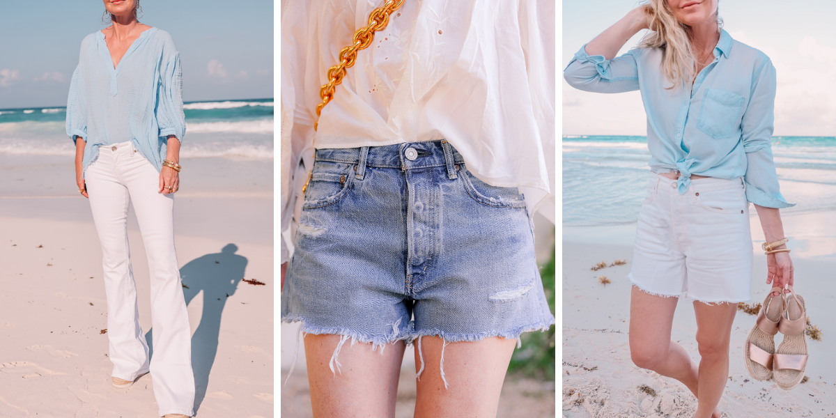 beach vacation outfits, what to wear mexico, what to pack mexico, what i wore mexico, erin busbee, white flare jeans, moussy vintage packard denim shorts, white agolde parker shorts, perfect summer outfit