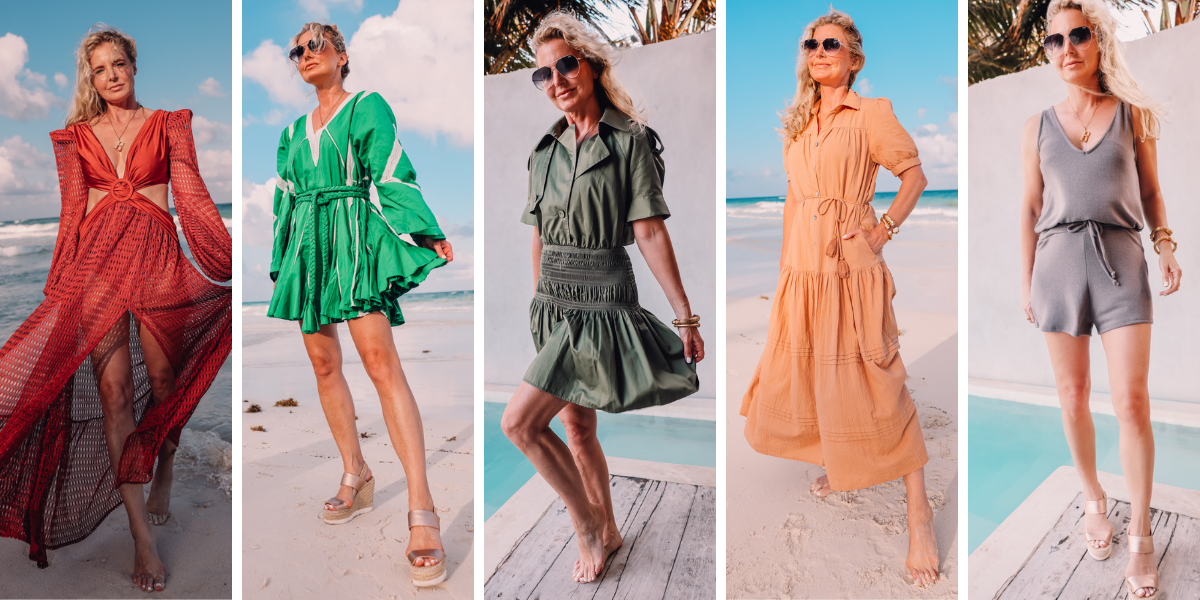 beach vacation outfits, what to wear mexico, what to pack mexico, what i wore mexico, erin busbee, rust patbo cutout dress, rhode green mini dress, green self portrait trench mini dress, tan cleobella tiered midi dress, lovers + friends easy breezy romper