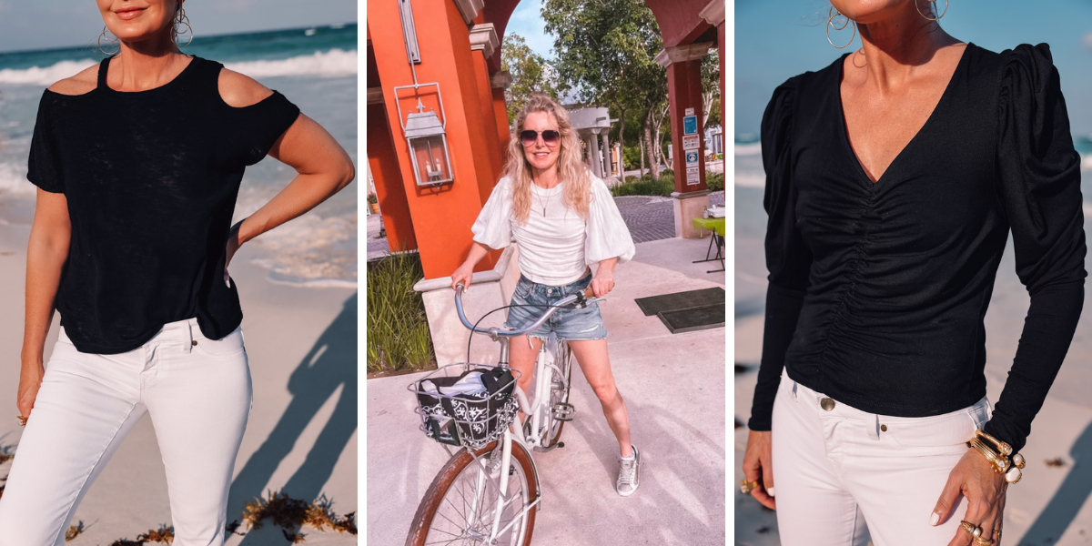 beach vacation outfits, what to wear mexico, what to pack mexico, what i wore mexico, erin busbee, lna cutout tee, free people white balloon sleeve top, frame ruched puff sleeve top
