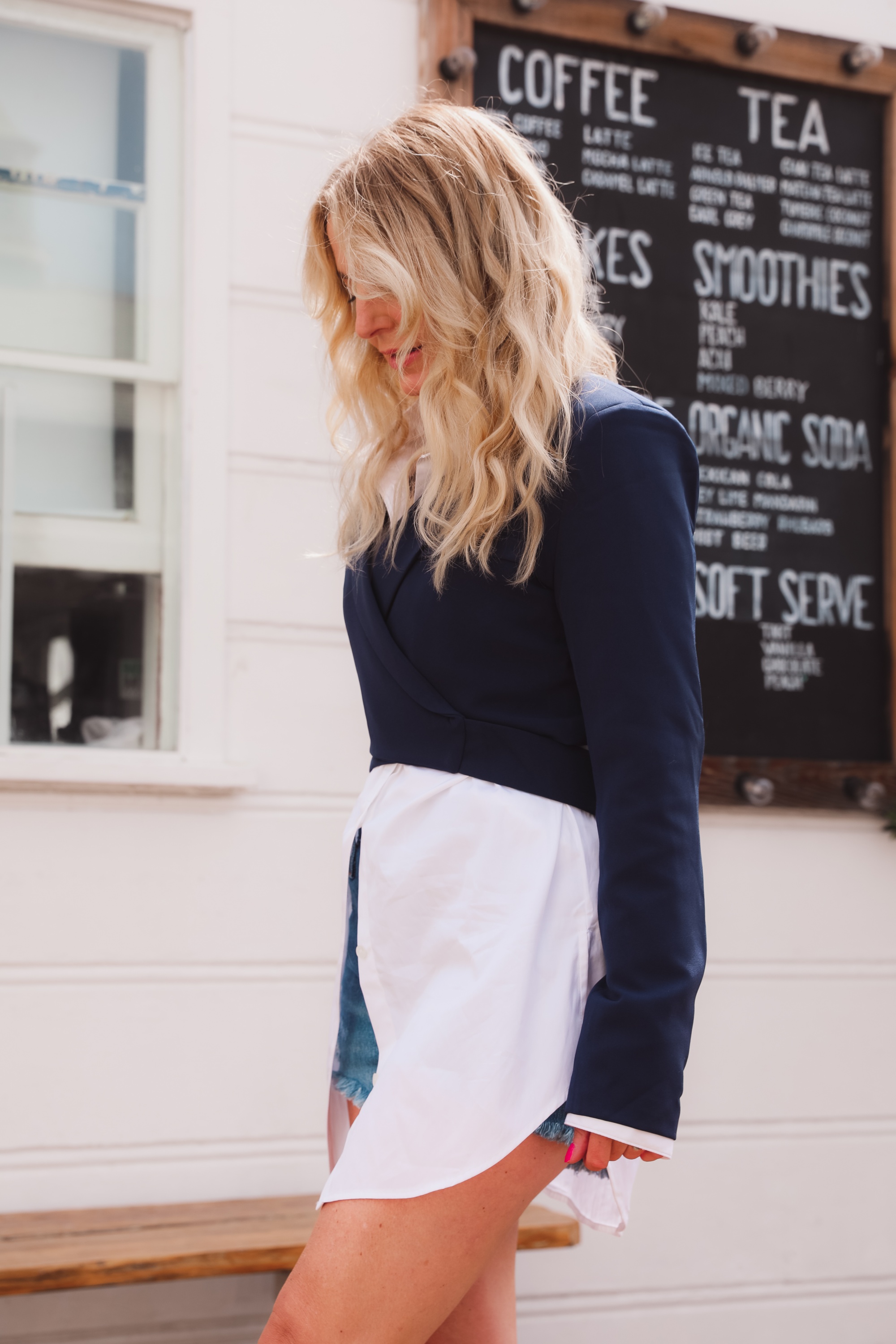 how to wear a cropped blazer, how to wear a cropped blazer over 40, how to wear cropped blazer, wear cropped blazer, navy cropped blazer, 4th & reckless cropped blazer, white open edit oversized button down, see by chloe wedges, denim shorts, levi shorts, cropped blazer outfit, erin busbee