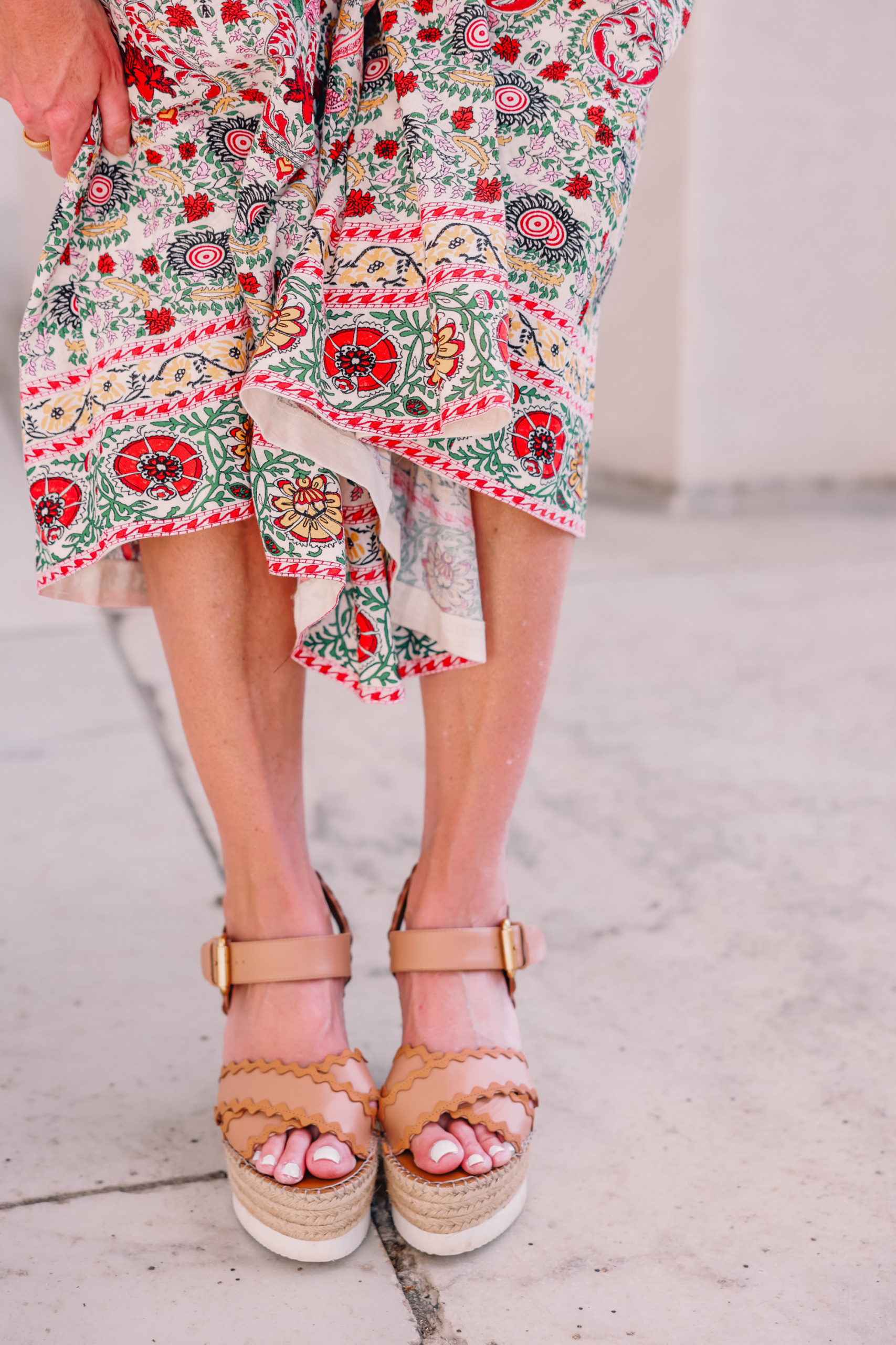 maxi skirts, how to wear a maxi skirt, how to wear a mixi skirt over 40, maxi skirts over 40, alice + olivia embroidered skirts, nation LTD ruffle tee, see by chloe espadrille wedges, perfect outfit formula, perfect summer outfit