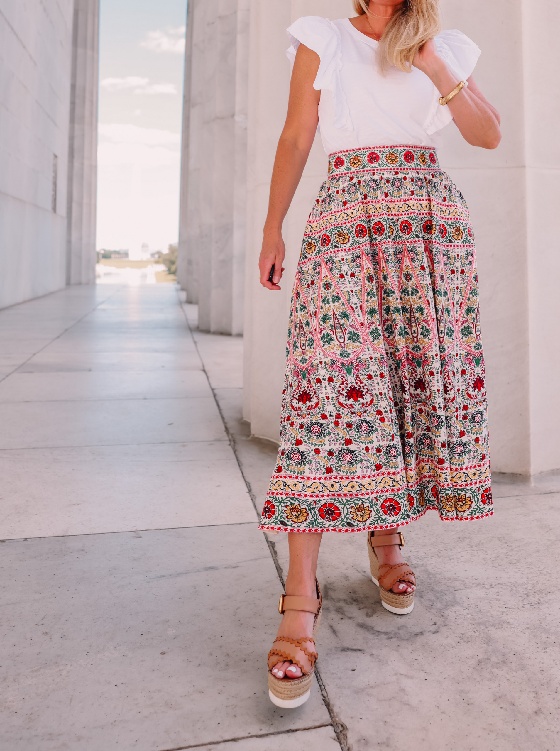 maxi skirts, how to wear a maxi skirt, how to wear a mixi skirt over 40, maxi skirts over 40, alice + olivia embroidered skirts, nation LTD ruffle tee, see by chloe espadrille wedges