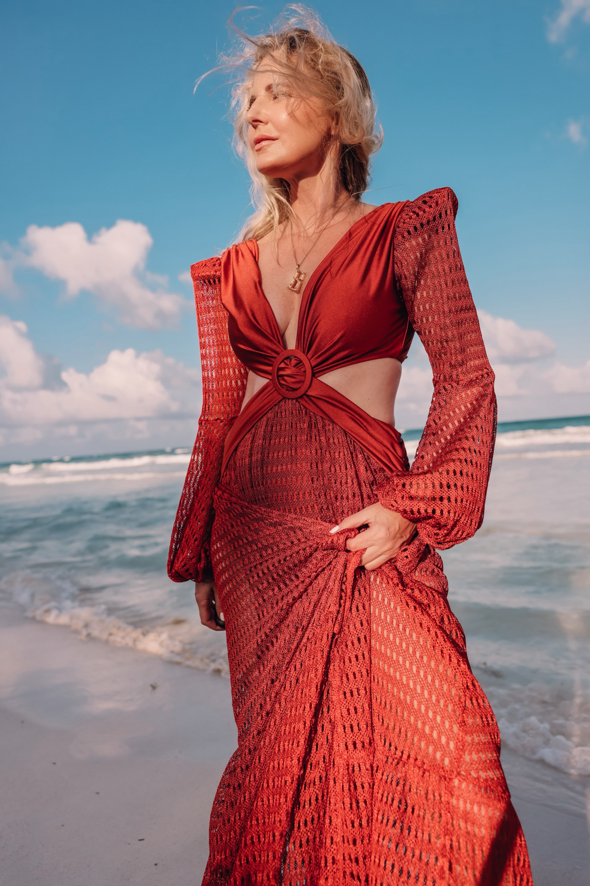 maxi dress by Patbo for the beach in crochet fabric and rust color in Tulum Mexico on fashion over 40 blogger Erin Busbee,maxi dresses, killer maxi dresses, sexy maxi dresses