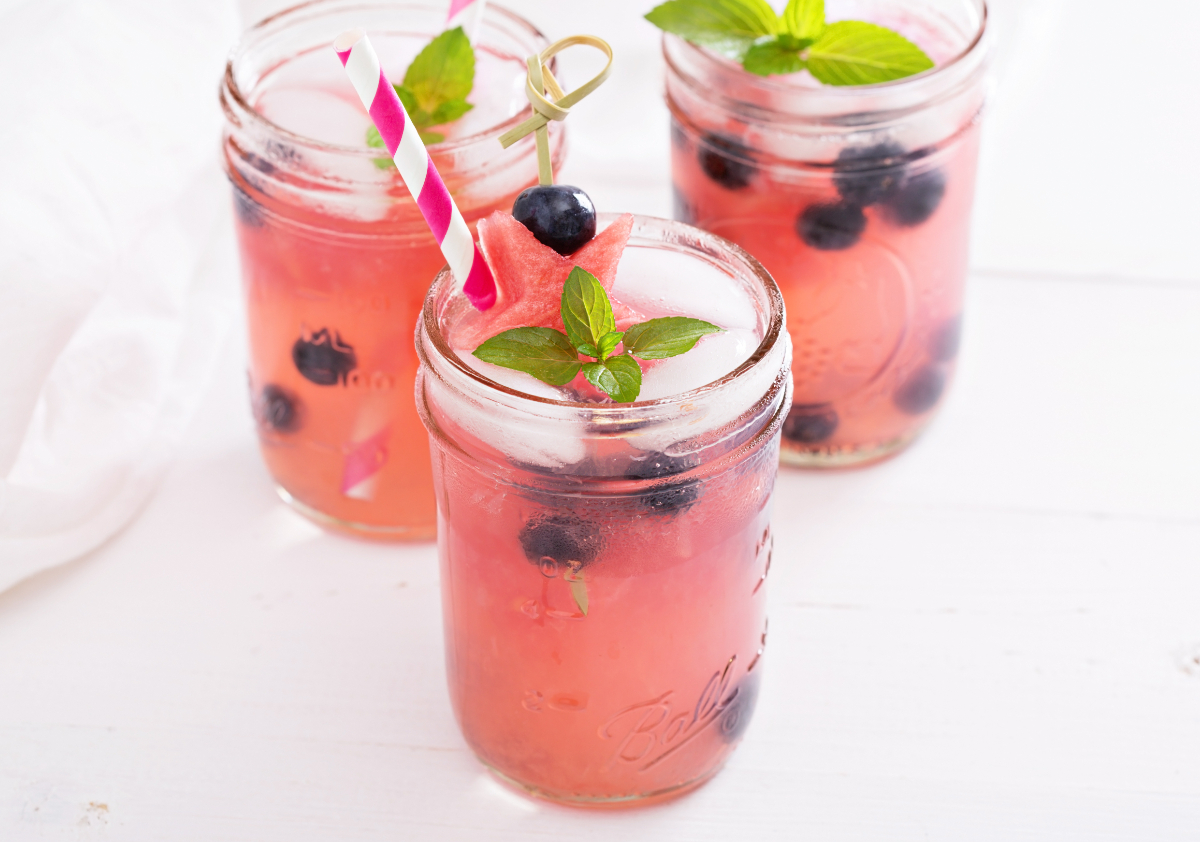 summer mocktails and cocktails, summer drinks, drink recipes, refreshing summer drinks, summer Glassware, watermelon and blueberry tequila spritzer
