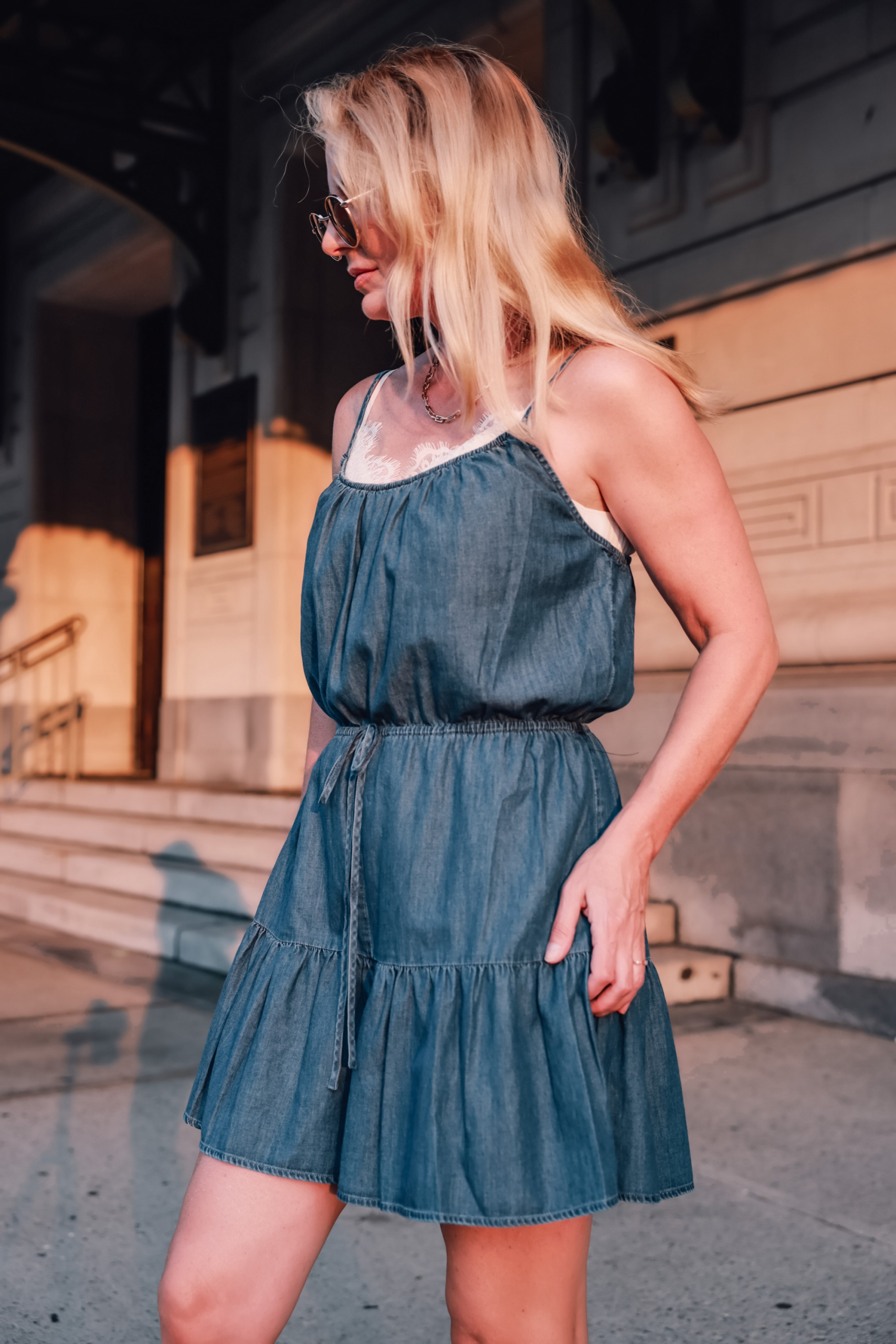 how to wear a romper, how to wear rompers, rompers over 40, three ways to wear a romper, express ruffled romper, see by chloe wedges, express paperclip necklace, express jewelry, express sunglasses, affordable romper