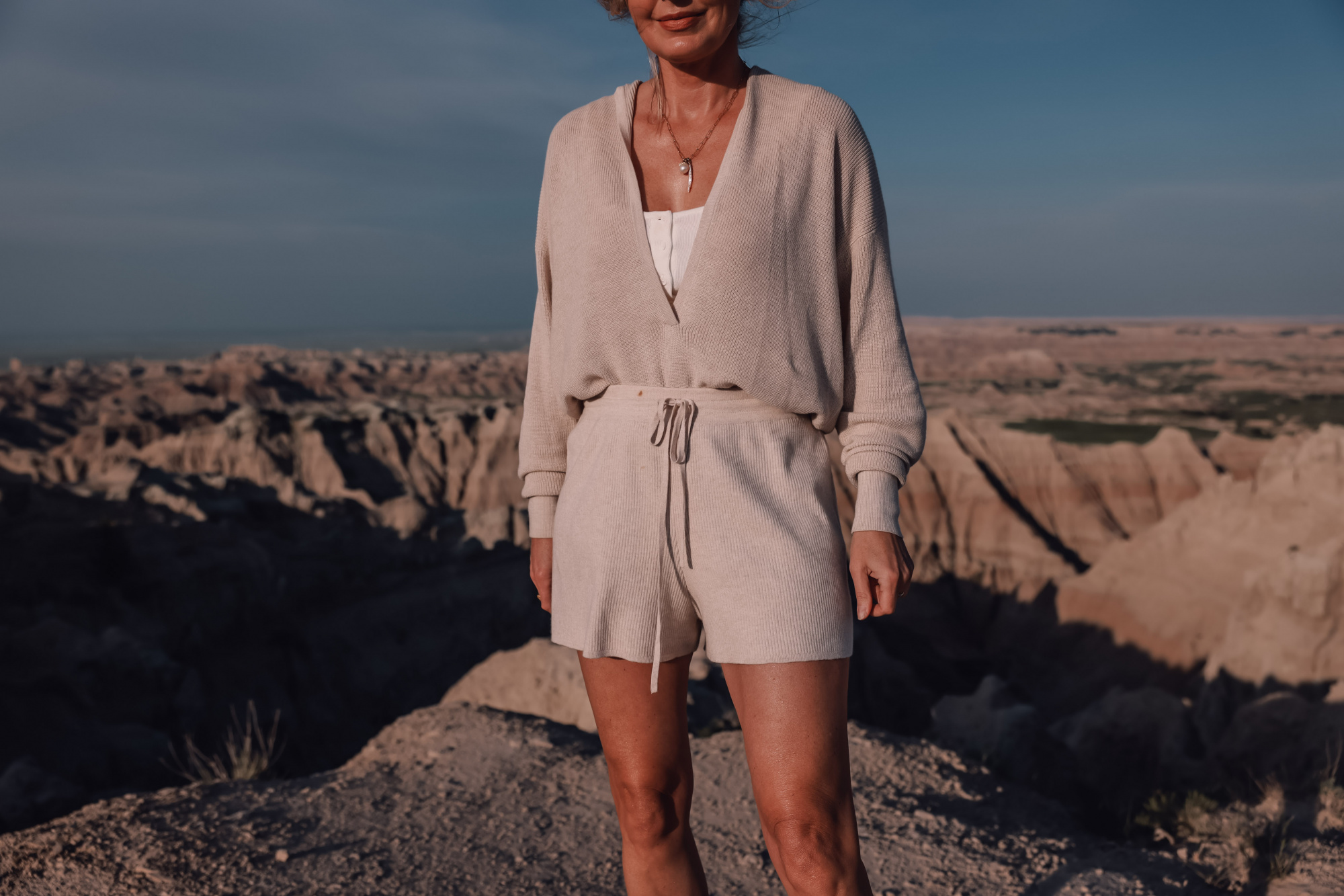 luxe loungewear, loungewear, best loungewear, stylish loungewear, comfortable loungewear, loungewear favorites, erin busbee, intermix silk and cashmere shorts, intermix silk and cashmere hoodie, see by chloe wedges, amazon hat, monica vinader jewelry, badlands