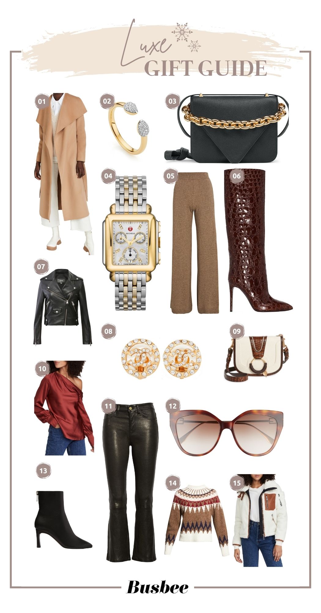 luxury gifts, luxe gift guide, gifts under $500, gifts over $500, luxury gift guide, luxe gifts, special gifts, unique gifts erin busbee, cashmere loungewear, frame leather pants, jonathan simkhai blouse, mackage coat, monica vinader jewelry, chanel jewelry, paris texas boots, bottega veneta the mount envelope bag, see by chloe bag, michele watch