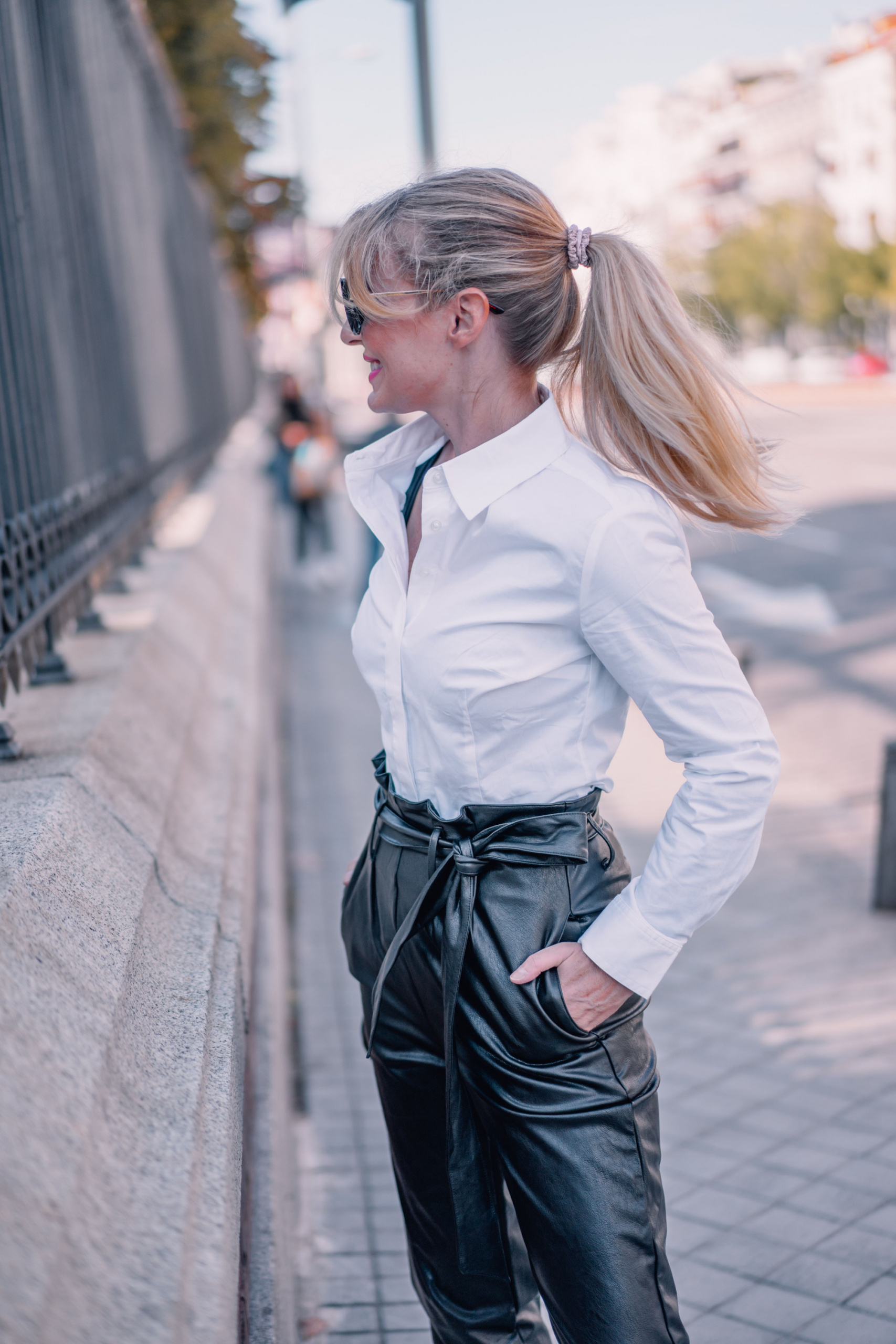 White Button-Down Leather Pants outfit