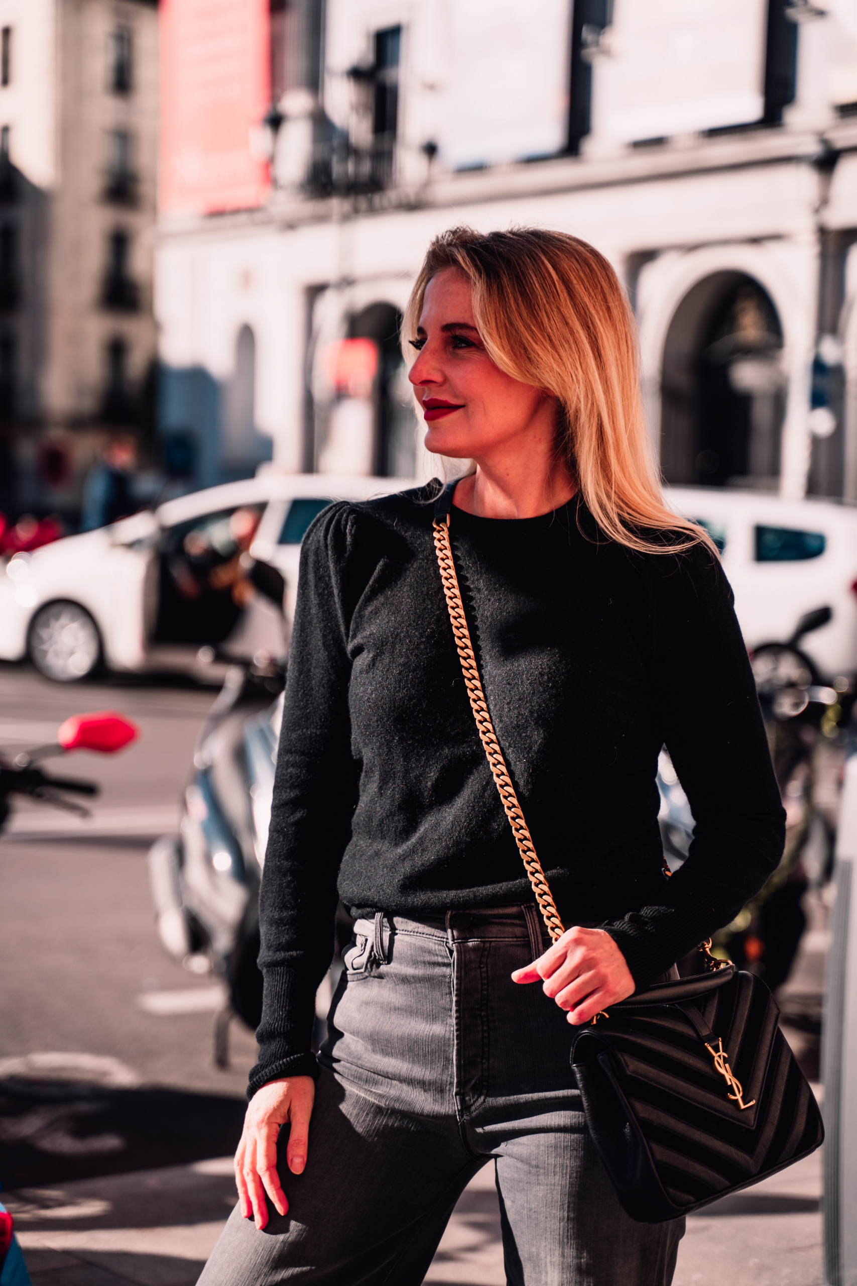 cyber week favorites, black friday favorites, best black friday finds, black friday finds, erin busbee, team busbee, aqua cashmere sweaters, black puff sleeve cashmere sweater, ysl chevron bag, gray mother tomcat wide leg jeans, madrid, spain