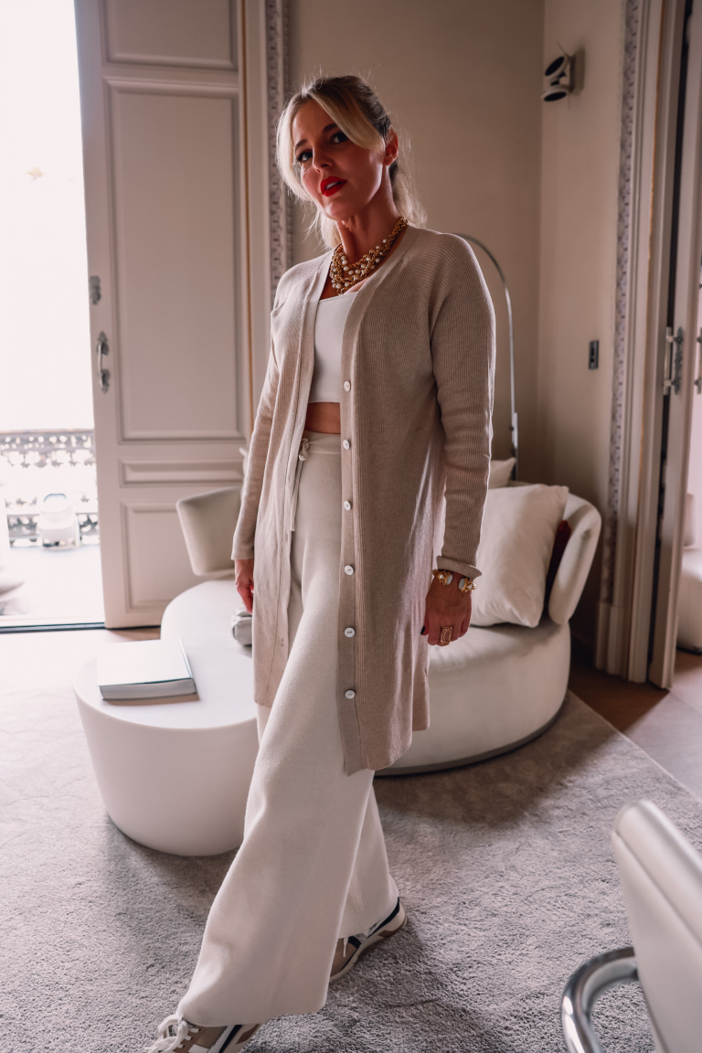 stylish loungewear, loungewear from couch to curb, how to transition loungewear, erin busbee, mango wide leg lounge pants, gola sneakers, mango cardigan, white cami crop top, el palauet, barcelona, spain
