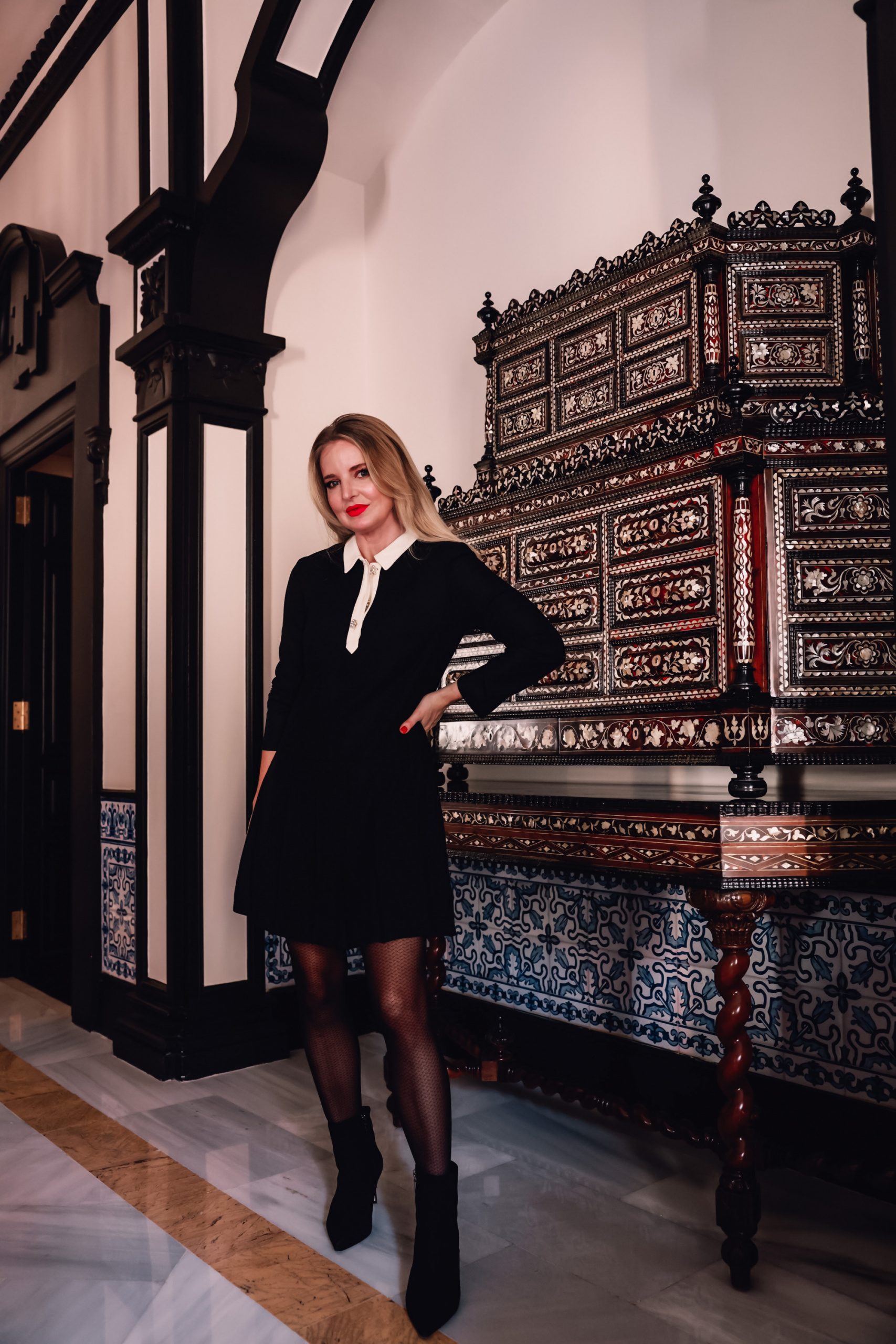 chanel look on a budget, chanel look for less, how to get the chanel look for less, erin busbee, & other stories contrasting collar long sleeve minidress, black schutz bette booties, pattern tights, sevilla spain