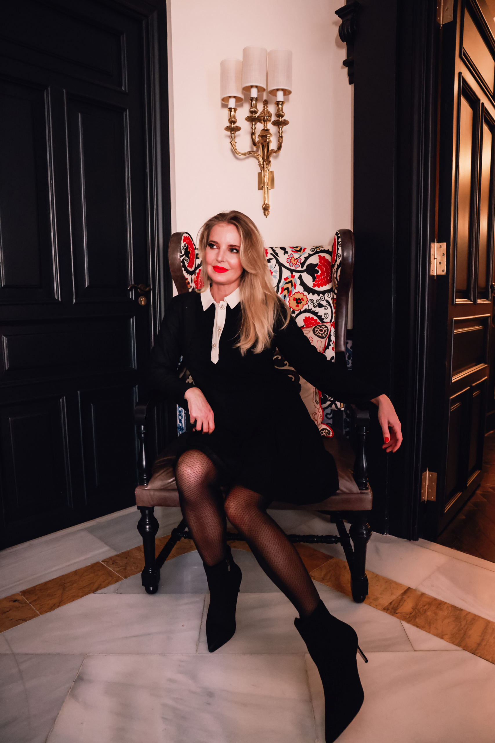 chanel look on a budget, chanel look for less, how to get the chanel look for less, erin busbee, & other stories contrasting collar long sleeve minidress, black schutz bette booties, pattern tights, sevilla spain