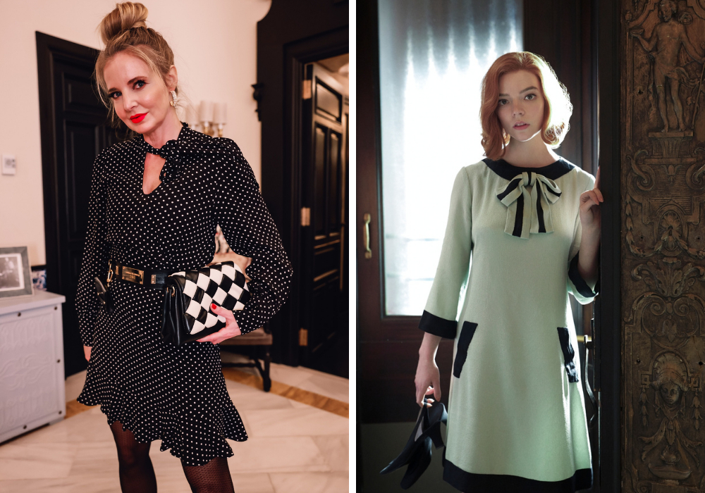 Queen's Gambit Inspired Looks, outfits from TV shoes, trending TV outfits, & Other Stories TIe-Neck Dress, Erin Busbee fashion blogger over 40