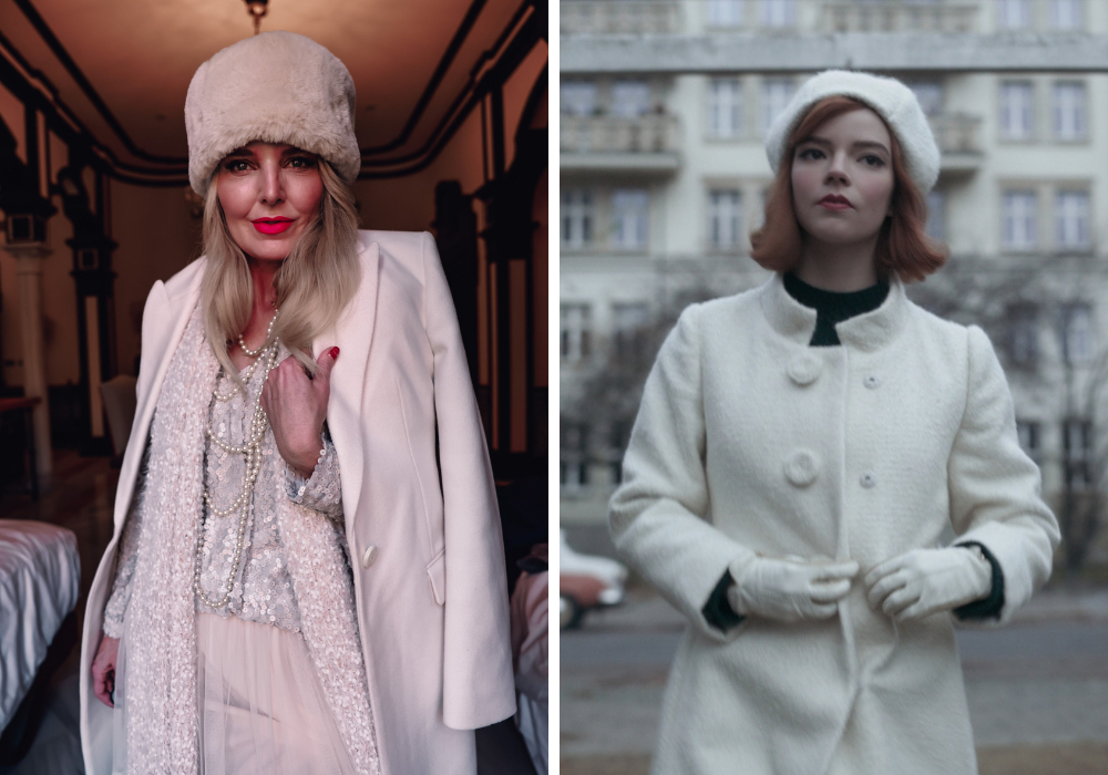 queen's gambit inspired looks, classic white coat and hat, erin busbee fashion blogger over 40, winter whites, Queen's Gambit Inspired Looks, outfits from TV shoes, trending TV outfits