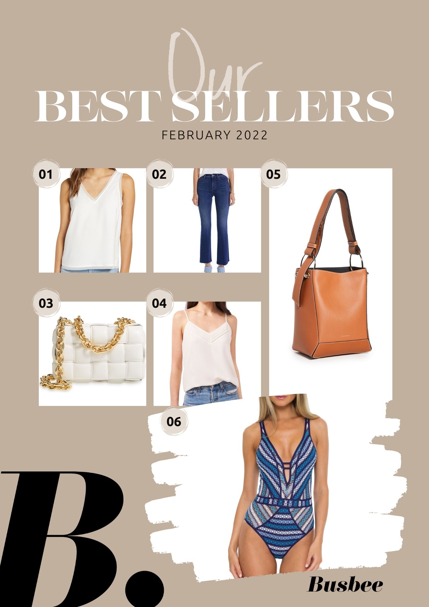 February best sellers, February top sellers, February reader favorites, February must-haves, busbee style, erin busbee, mother flare jeans, halogen raw edge tank, strathberry lana midi bucket bag, bottega veneta chain cassette bag, 1.state pintuck cami, becca crochet one-piece swimsuit