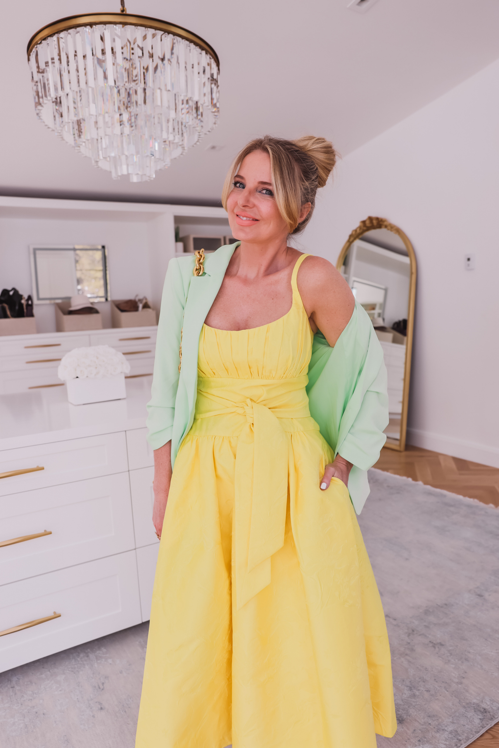 mother's day dresses, best mother's day dresses, mother's day dresses over 40, what to wear on mother's day, erin busbee, busbee style, telluride, colorado, yellow monique Lhuillier midi dress, cinq a sept mint green blazer, white bottega veneta chain cassette bag, mach & mach crystal bow heels