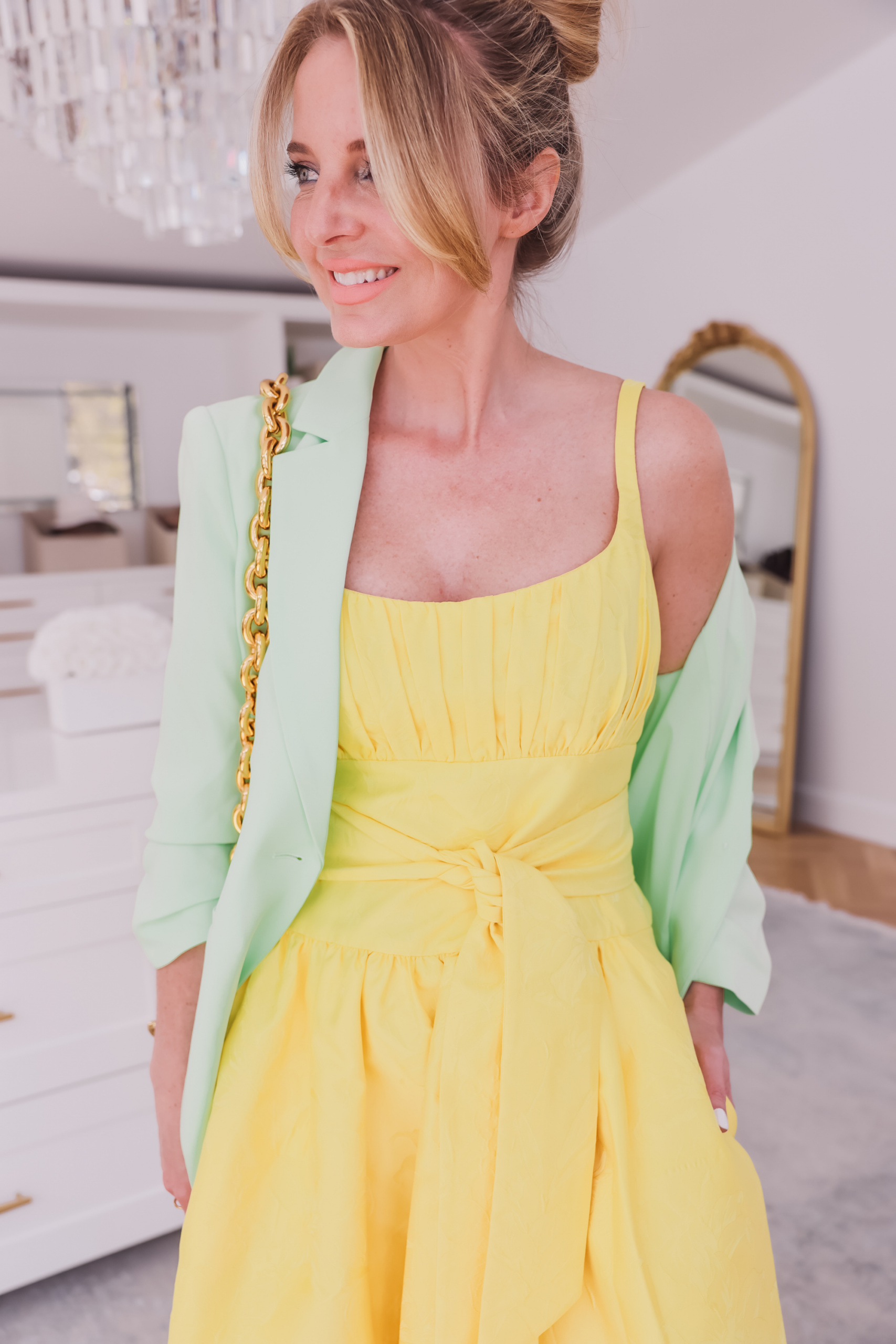 paster green blazer and yellow dress