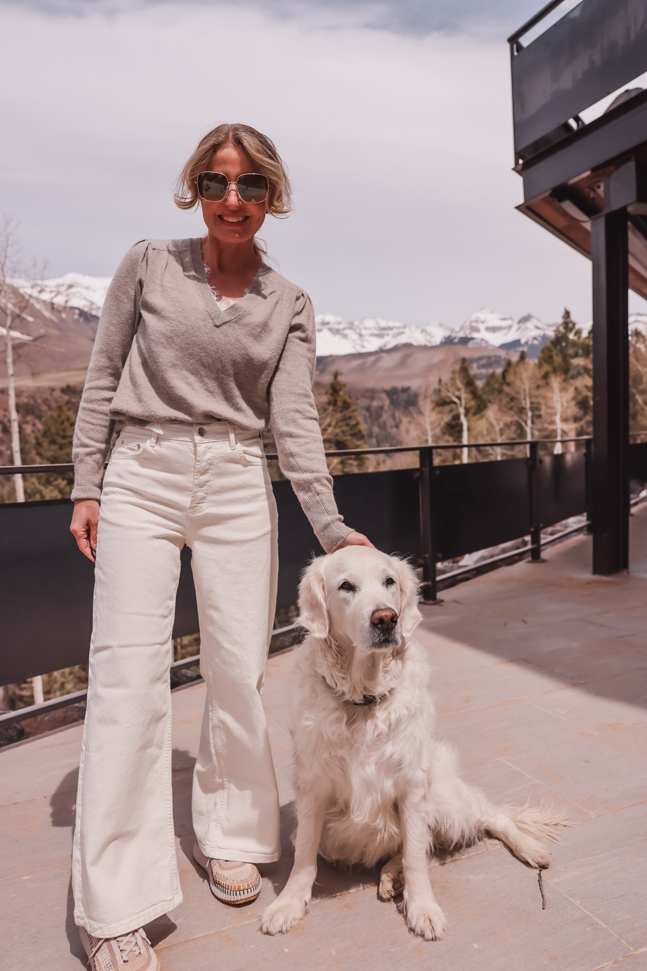 summer self care, summer self care essentials, sun protection, maui jim sunglasses, polarized sunglasses, triton sunglasses by maui jim, brochu walker lace sweater, maje wide leg off white jeans, chloe sneakers, erin busbee, busbee style, telluride, colorado, lightweight sweater for summer