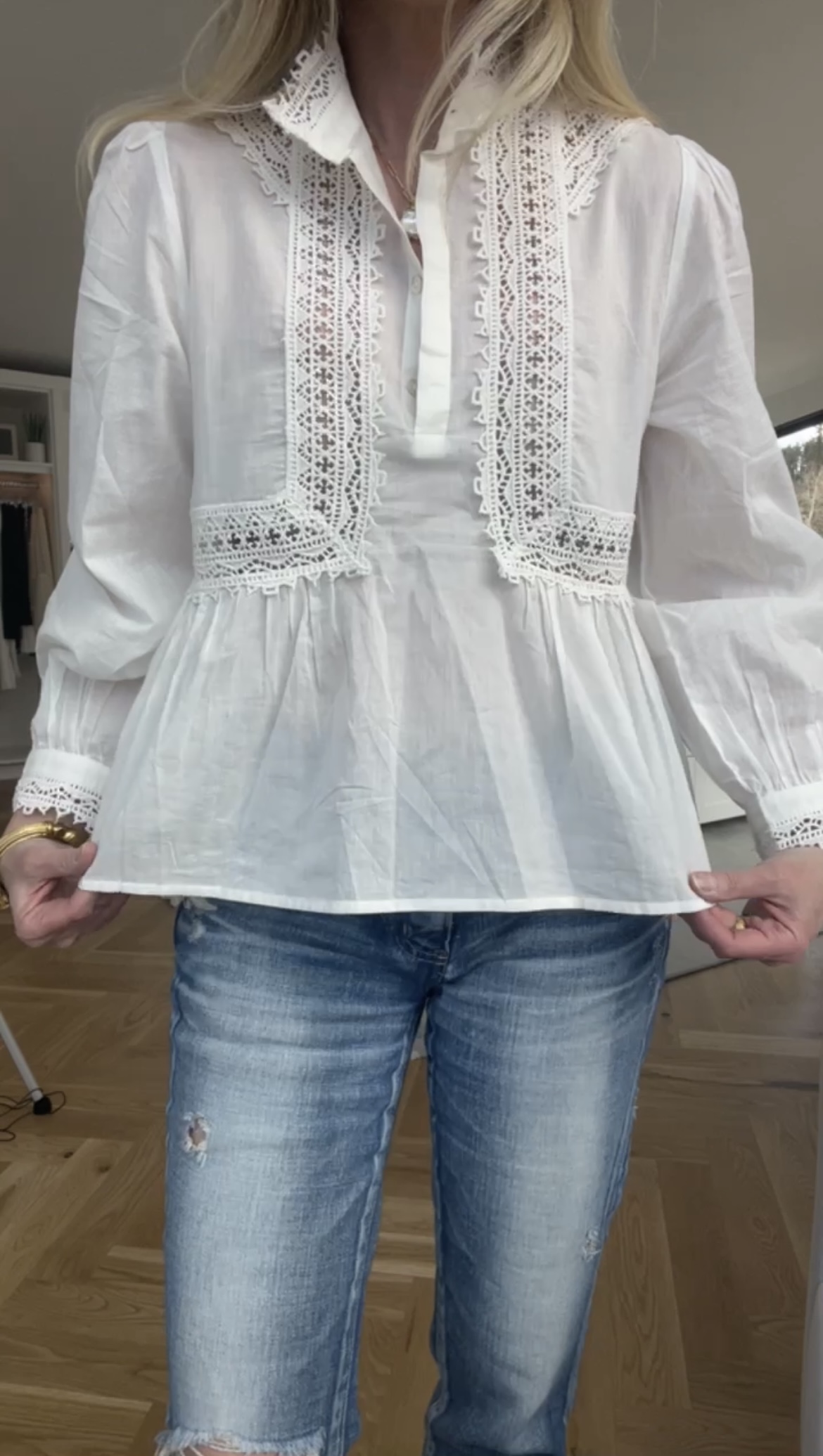 what to shop at shopbop sale, erin busbee, busbee style, white ba&sh selma blouse, moussy vintage lancaster jeans, Tops that cover arms, tops to hide flabby arms, summer tops, tops with sleeves, sleeves to cover arms, what to wear to cover arms in summer