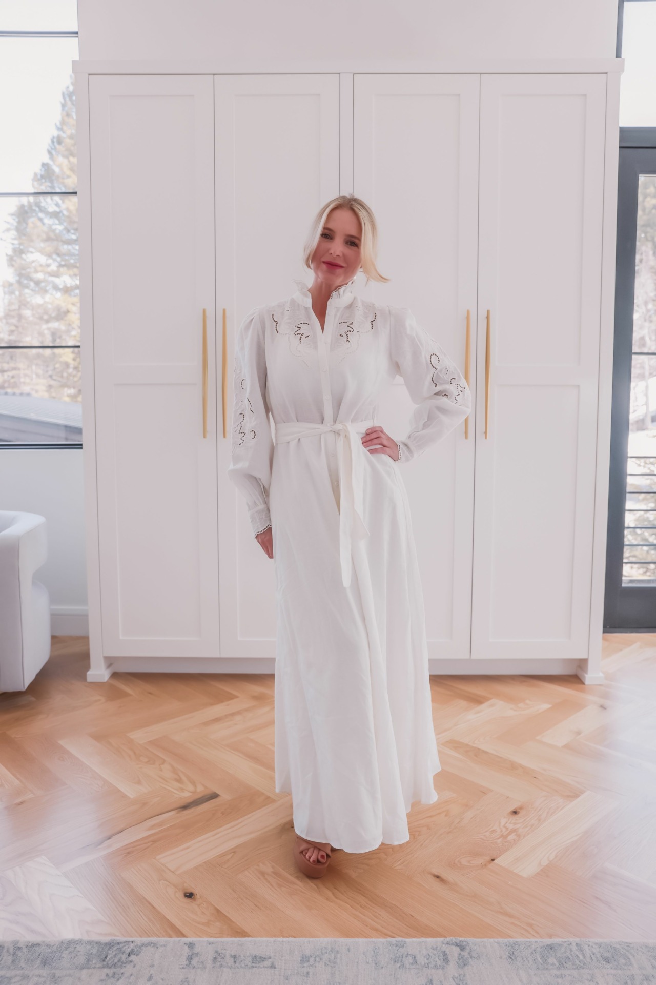 Mom outfits for every occasion-summer mom outfits, chic mom outfits, comfortable mom outfits for summer, erin busbee, busbee style, fashion over 40, Sezane white eleyet maxi dress