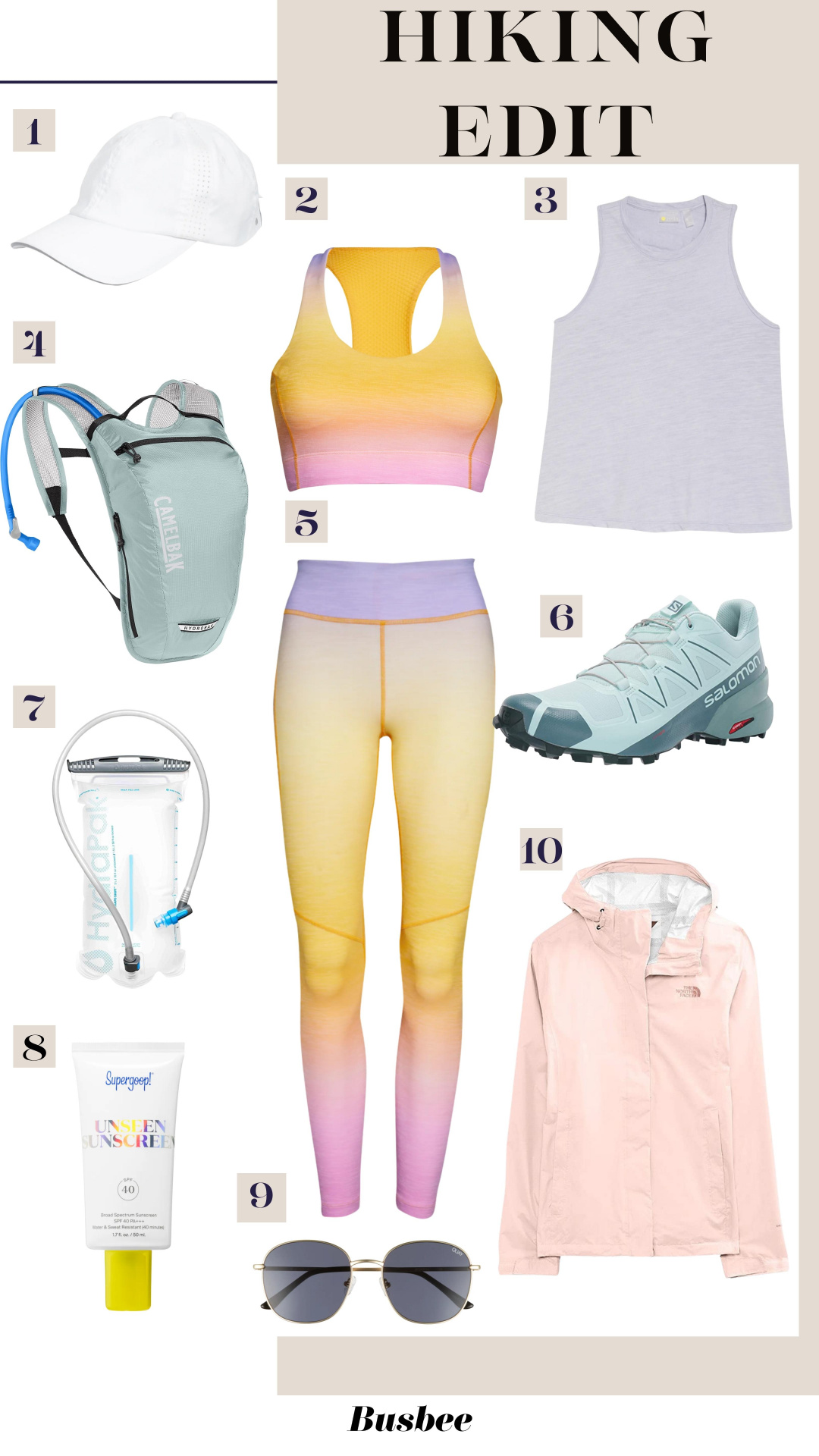 hiking essentials, what to wear hiking, how to dress hiking, womens hiking outfits, salomon hiking shoes, best hiking shoes women, what to wear on a hike, hiking look, hiking outfit, best hiking outfit, hiking must-haves, outdoor voices ombre leggings and bra, camelbak hydration pack