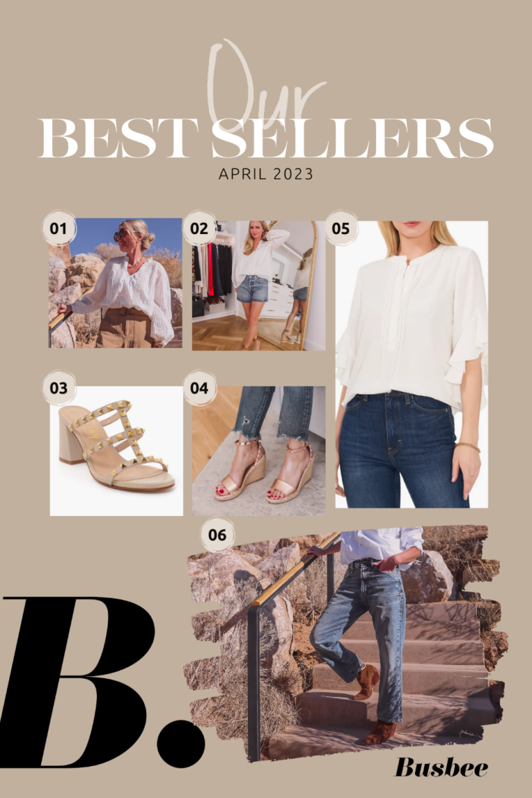 April best sellers, reader favorites, spring favorites, spring best sellers, erin bsubee, busbee style, fashion over 40, telluride, colorado, velvet jordyn eyelet top, agolde parker denim shorts, valentino rockstud dupes, valentino rockstup espadrilles, white blouses for spring, vince camuto ruffle sleeve split neck blouse, R13 distressed boyfriend jeans