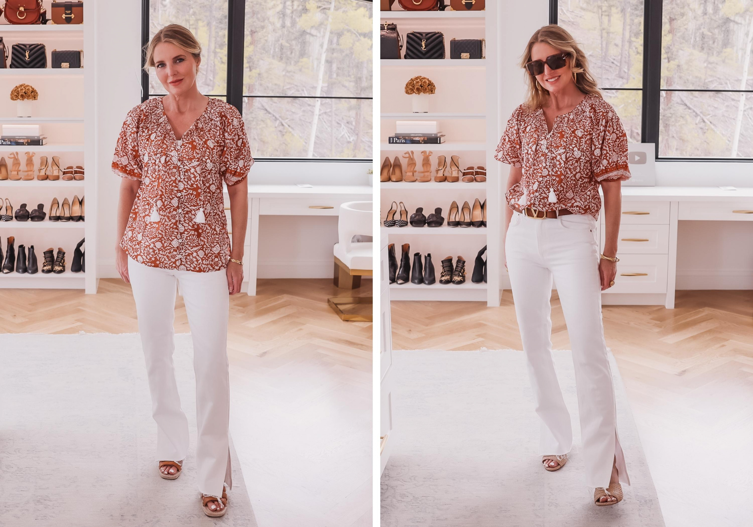 how to elevate your everyday style, how to elevate your appearance, how to elevate a simple outfit, how to elevate wardrobe, how to look classy and rich, how to look casual but stylish, fine to fab, erin busbee, busbee style, fashion over 40, telluride, Colorado, cleobella printe blouse grlfrnd white split hem jeans, veronica beard woven sandals, dean davidson hoops, saint laurent sunglasses