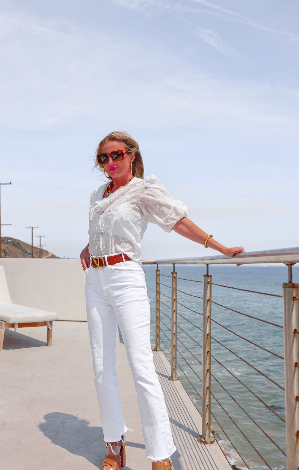 white tops for summer, best white top, best white tops for summer, statement tops, white statement tops, summer mom style, best summer mom outfits, summer mom outfits 2022, casual mom outfits summer, stylish mom outfits 2022, fashion for moms in their 30s, fashion for moms in their 40s, cute mom outfits, casual mom outfits, erin busbee, busbee style, fashion over 40, malibu, california, white maje blouse, white mother hustler jeans, see by chloe platform heels, saint laurent square sunglasses, paco rabbane chunky gold necklace, dean davidson hoops
