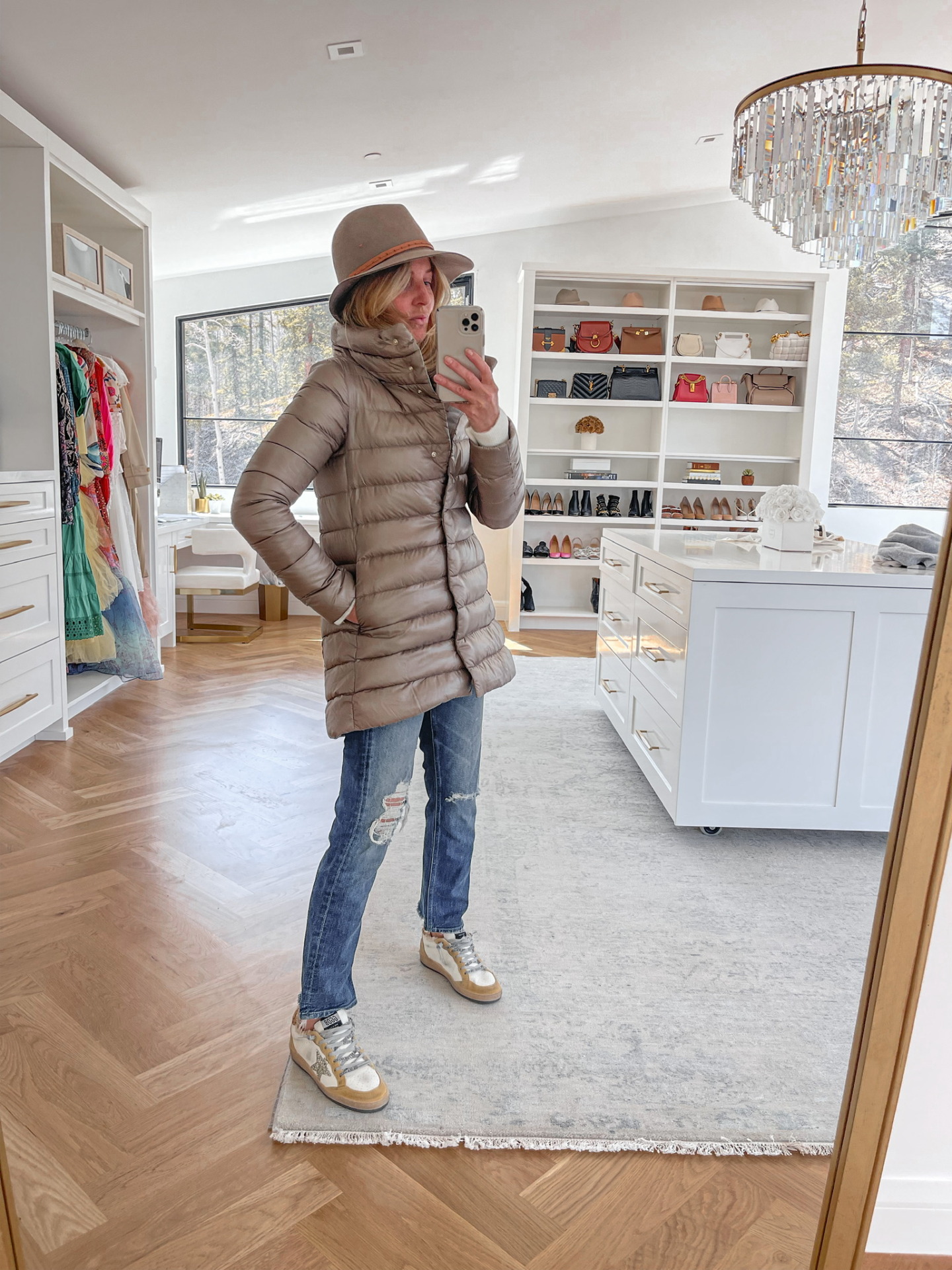 herno puffer jacket, mother jeans, golden goose sneakers