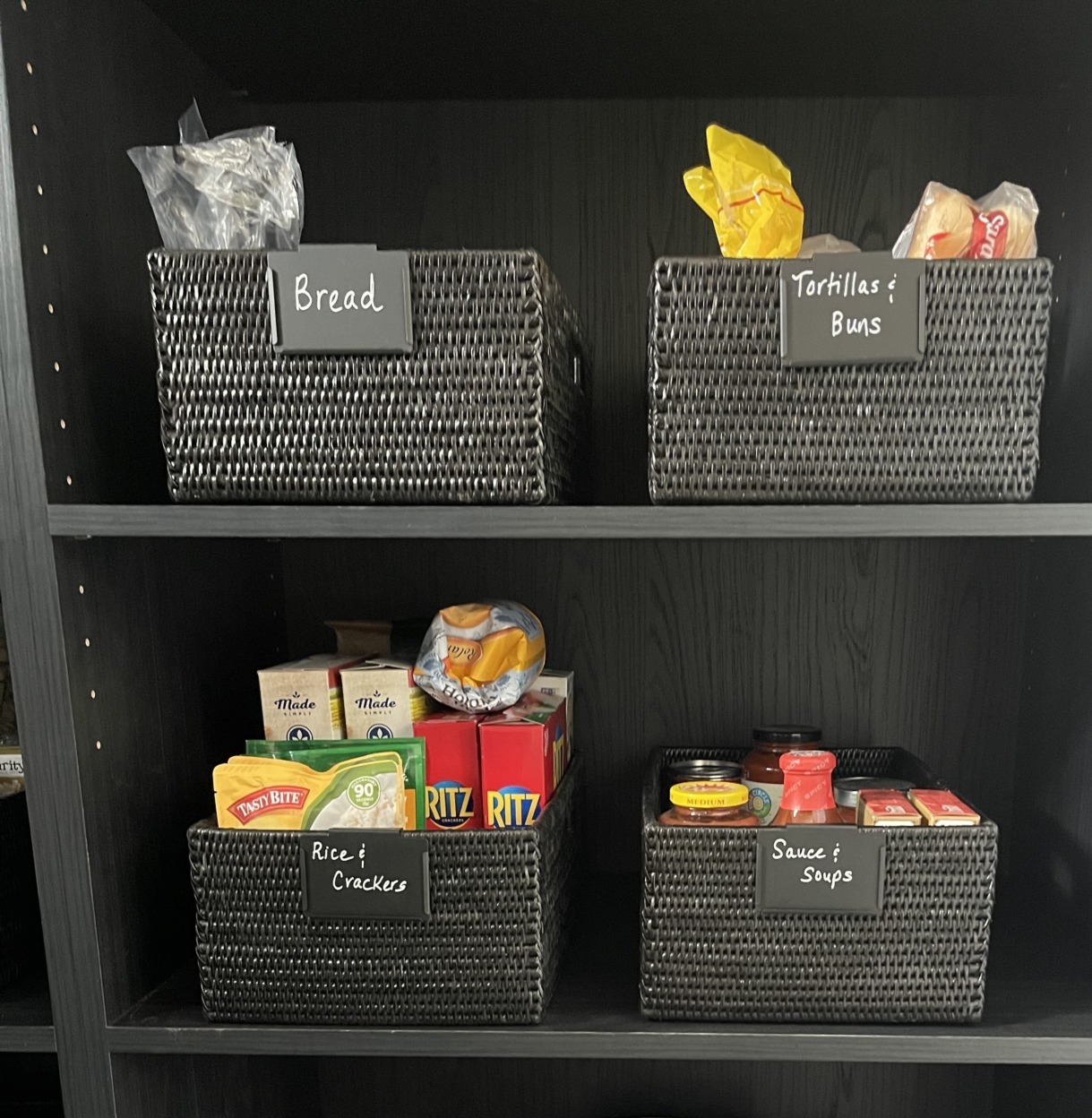 labeled storage bins for pantry
