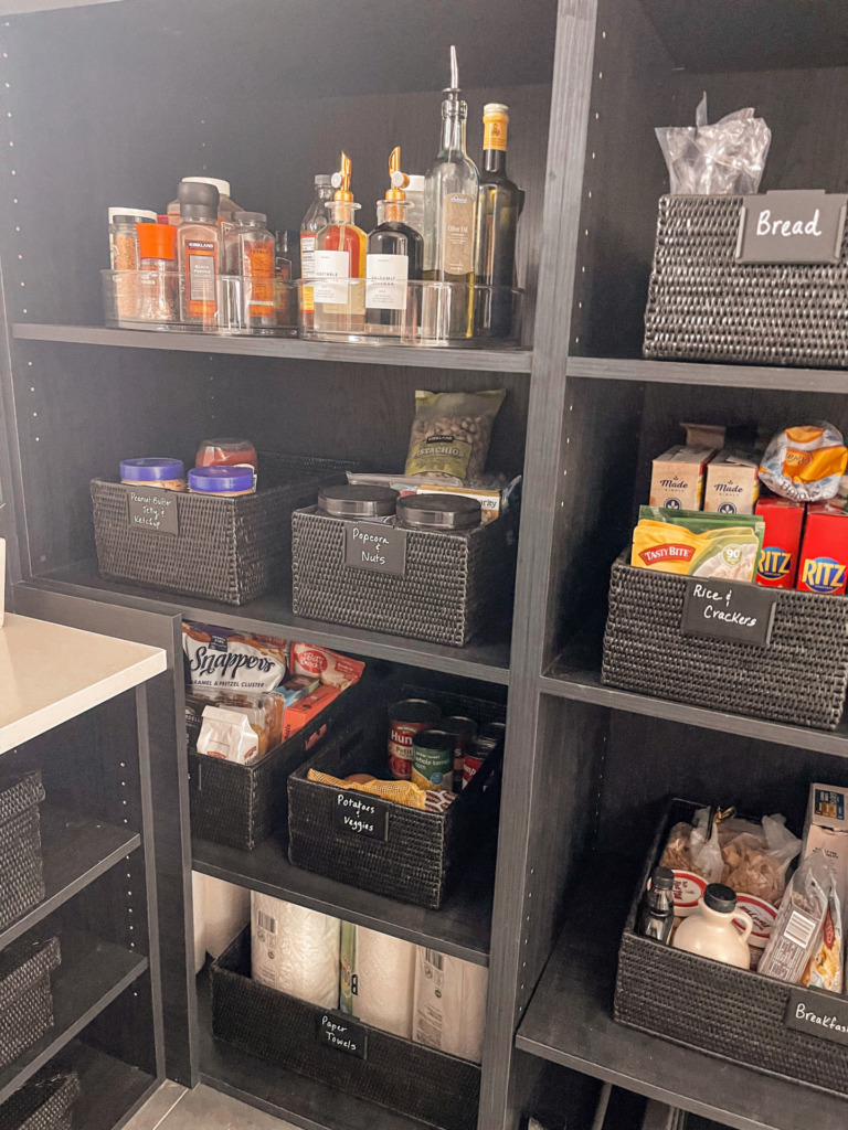 perfect pantry organization, clutter-free pantry, how to organize a pantry, keep your pantry organized, best baskets for pantry organization, clean pantry, rattan baskets, storage bins, labeled storage bins for pantry, erin Busbee, Busbee style, fashion over 40, telluride, CO