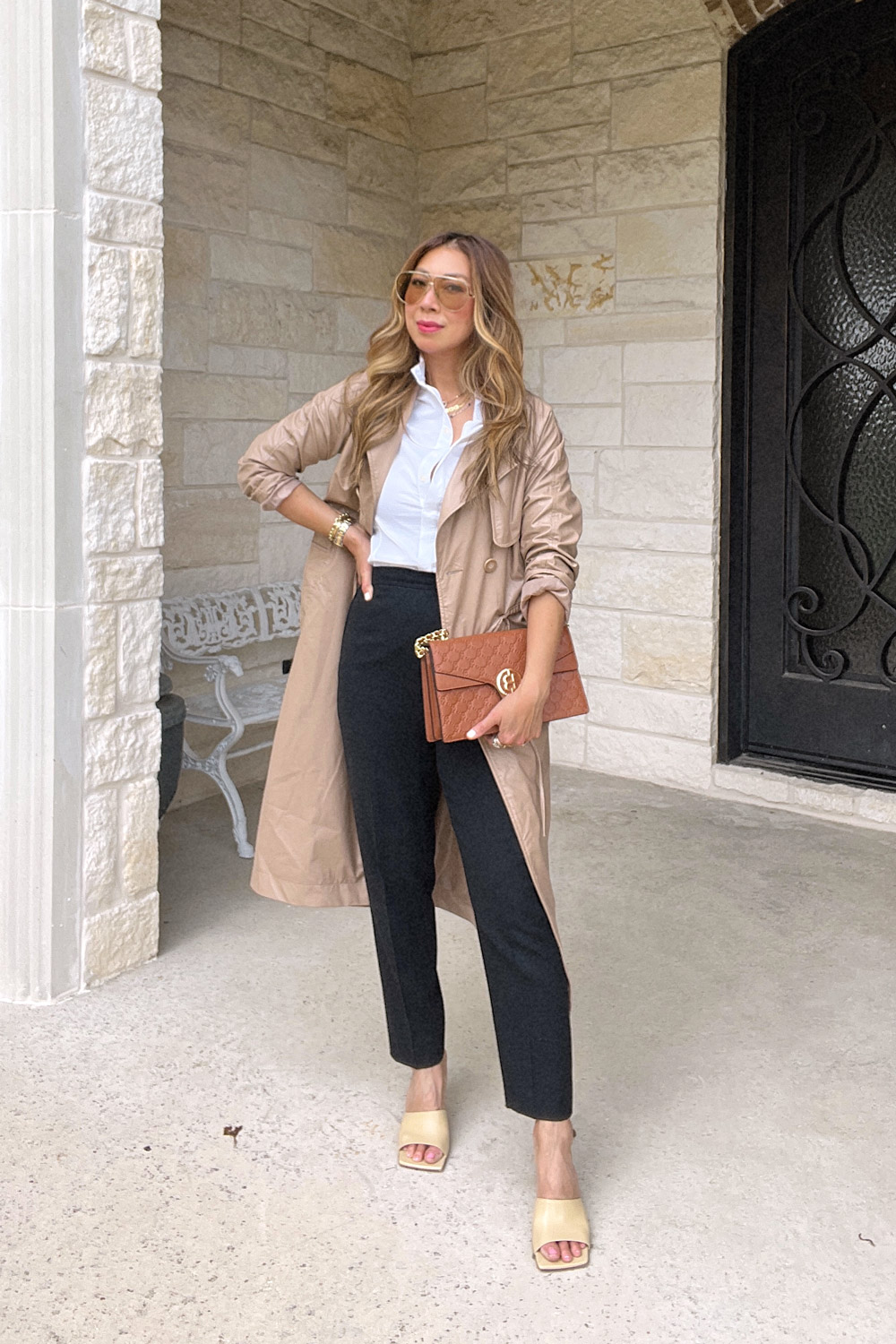 Freshen up your fall wardrobe, fall style finds, transition wardrobe from summer to fall, leather pieces for fall, fall wardrobe basics, faux fur for fall, shearling for fall, sam stewart, style of sam, erin Busbee, fashion blogger over 40, telluride CO, open edit faux leather trench, Nic + Joe straightleg pants, dior aviator sunglasses