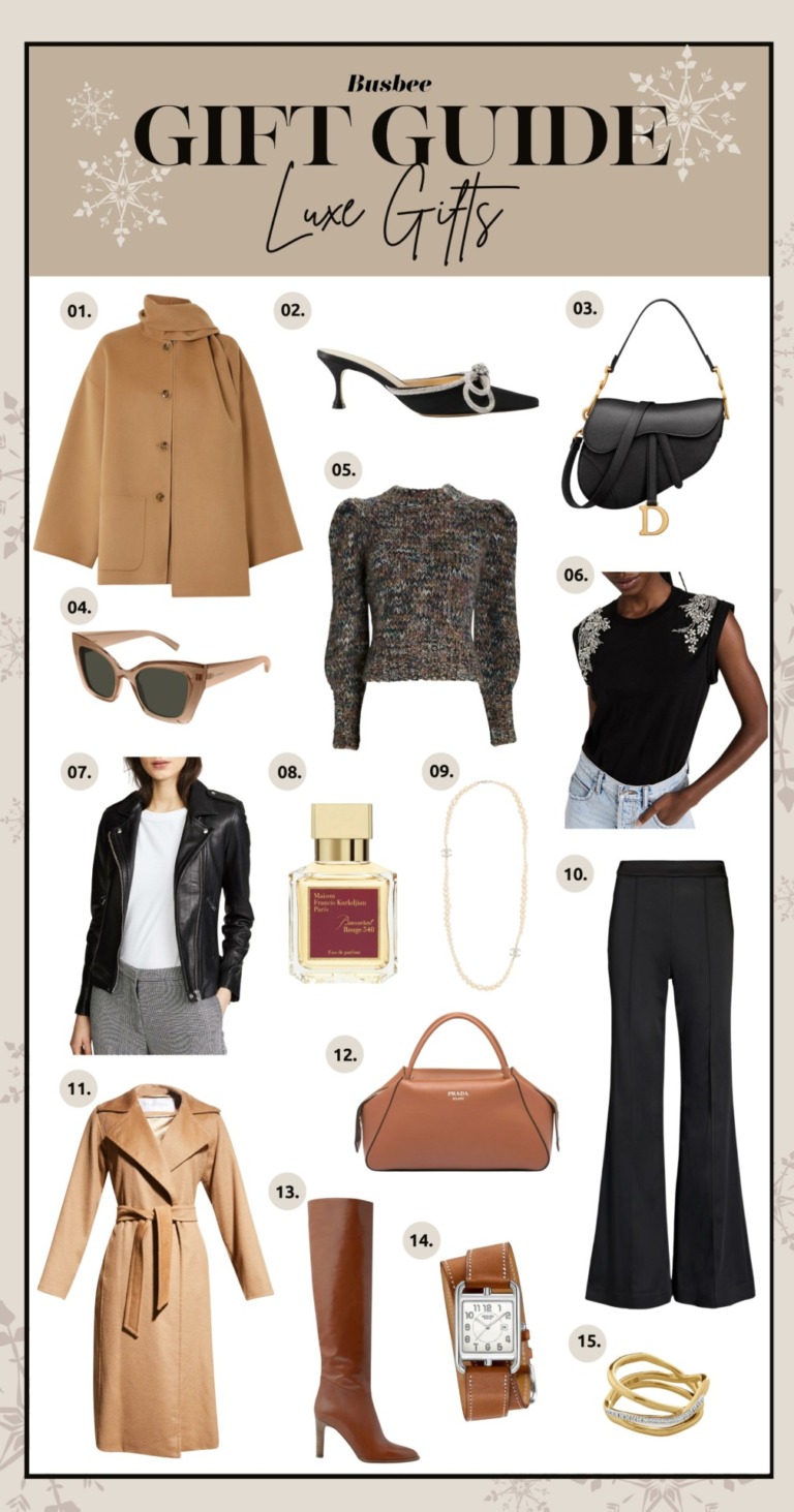 luxury gifts, luxury gifts2022, luxe gift guide, gifts under $500, gifts over $500, luxury gift guide, luxe gifts, special gifts, unique gifts, erin busbee, toteme scarf collar jacket, iro han leather jacket, dior saddle bag, mach & mach heels, veronica beard sweater, baccarat perfum, prada bag, tamara mellon boots, monica vinader jewelry, saint laurent sunglasses