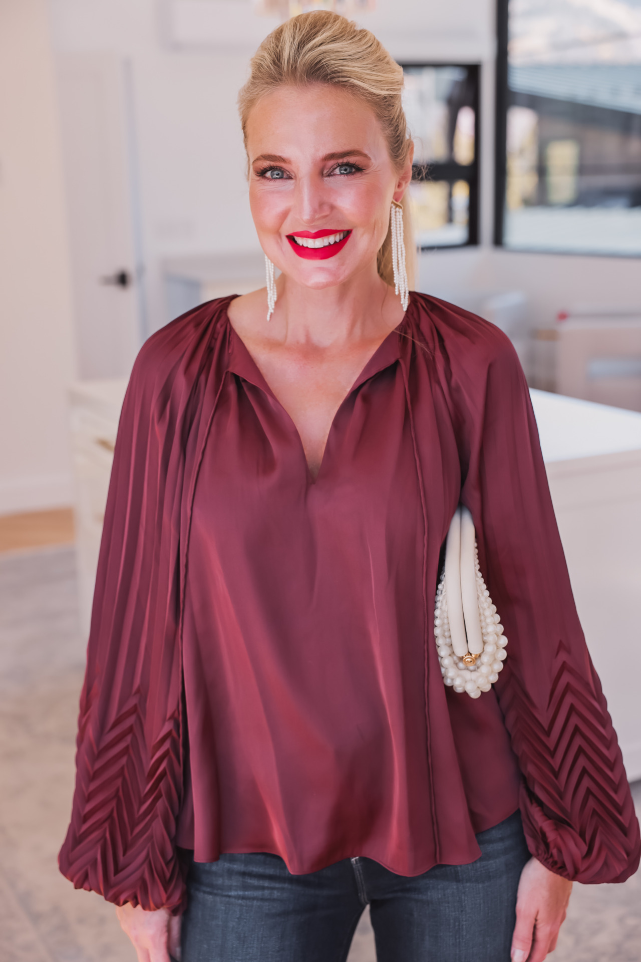 burgundy satin blouse | Holiday Tops