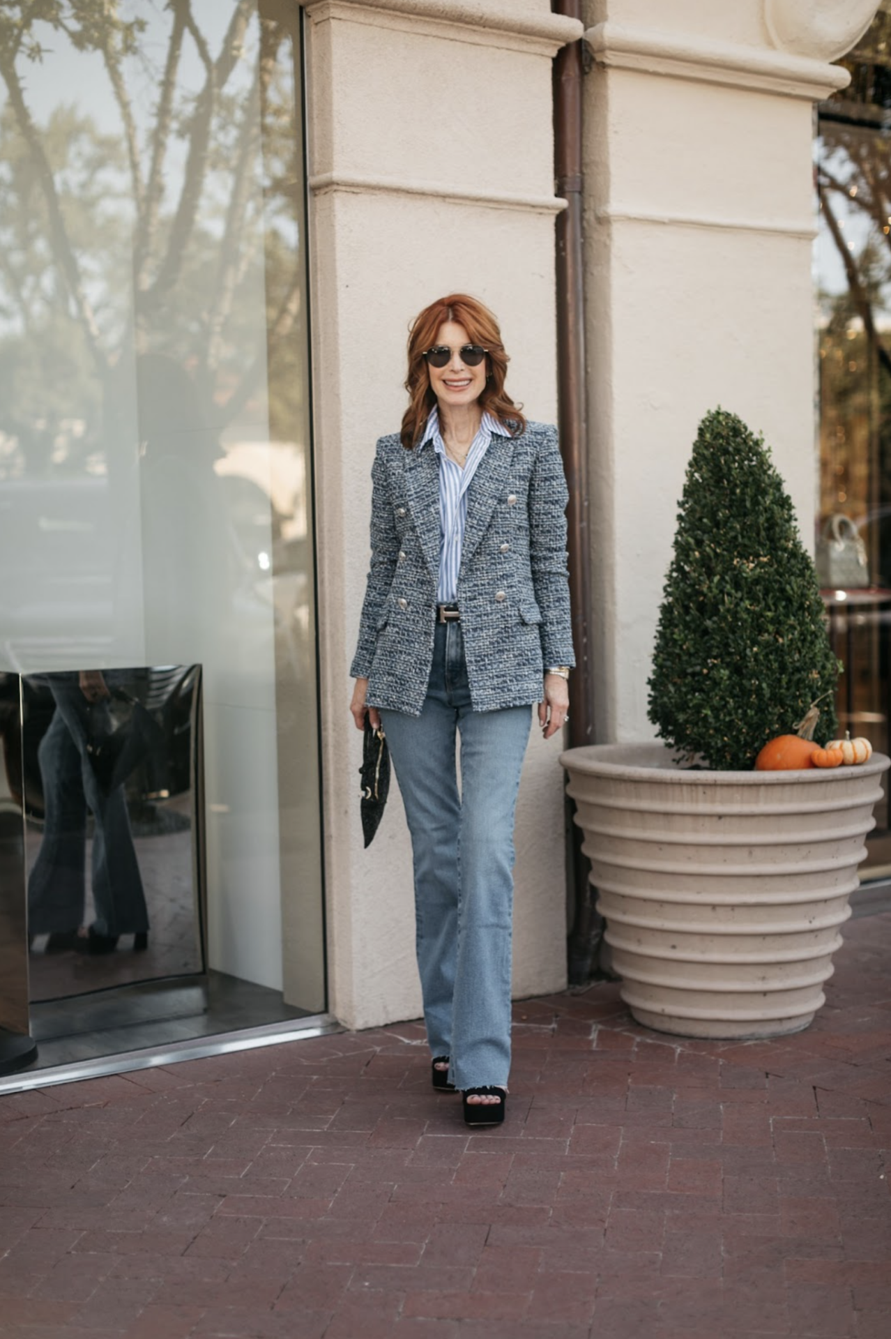 How to elevate a denim look, how to dress up jeans, what to wear with jeans over 40, how to style a blazer with jeans, how to wear a blazer with jeans, beautiful blazers, blazers for fall, blazers for winter, Cathy Williamson, the middle page blog, Erin Busbee, fashion blogger over 40, Busbee style