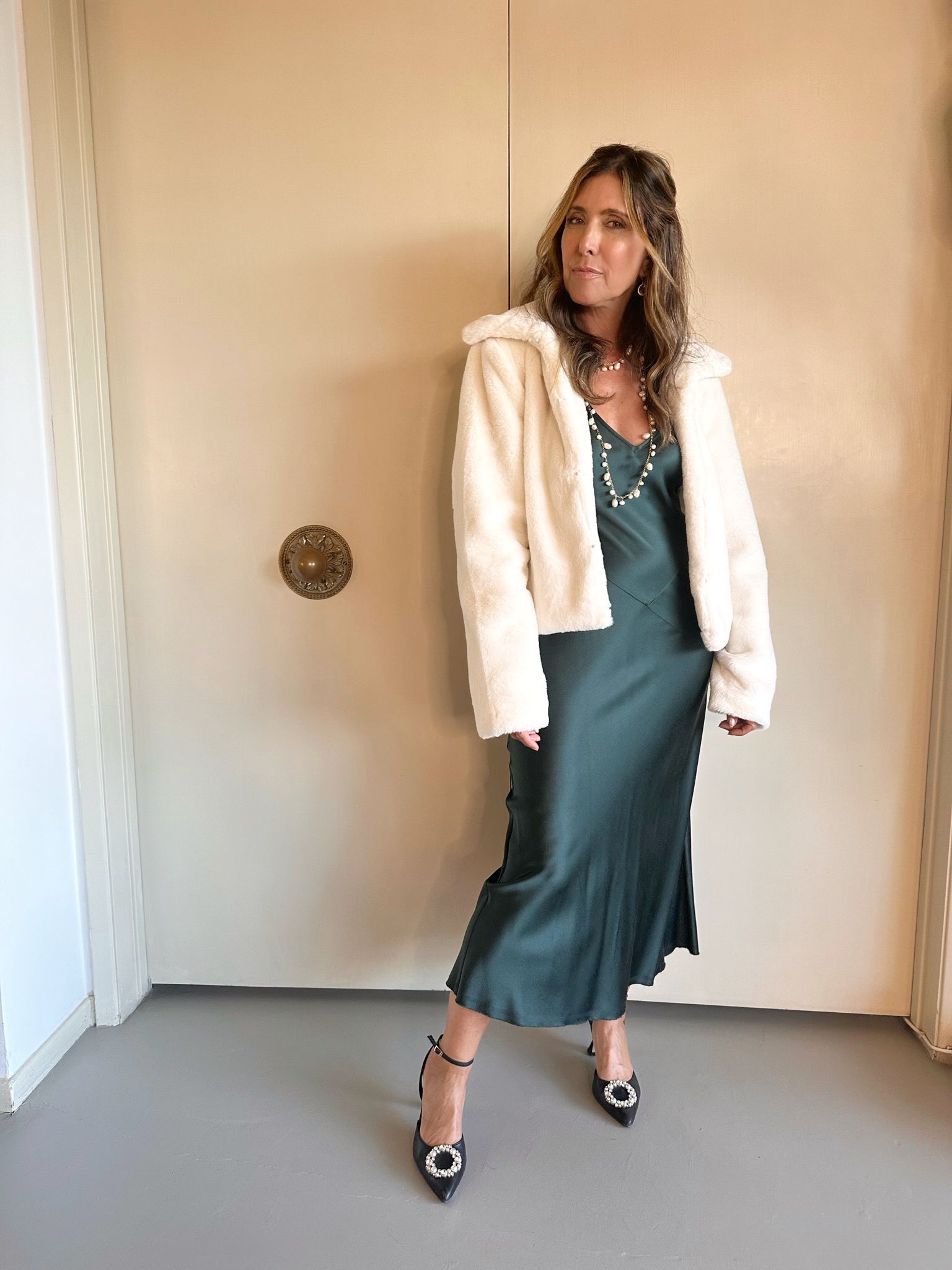 How to style a slip dress for the holidays, style a slip dress for cold weather, wearing a slip dress in winter, melissa meyers, the glow girl, erin Busbee, fashion over 40, Busbee Style