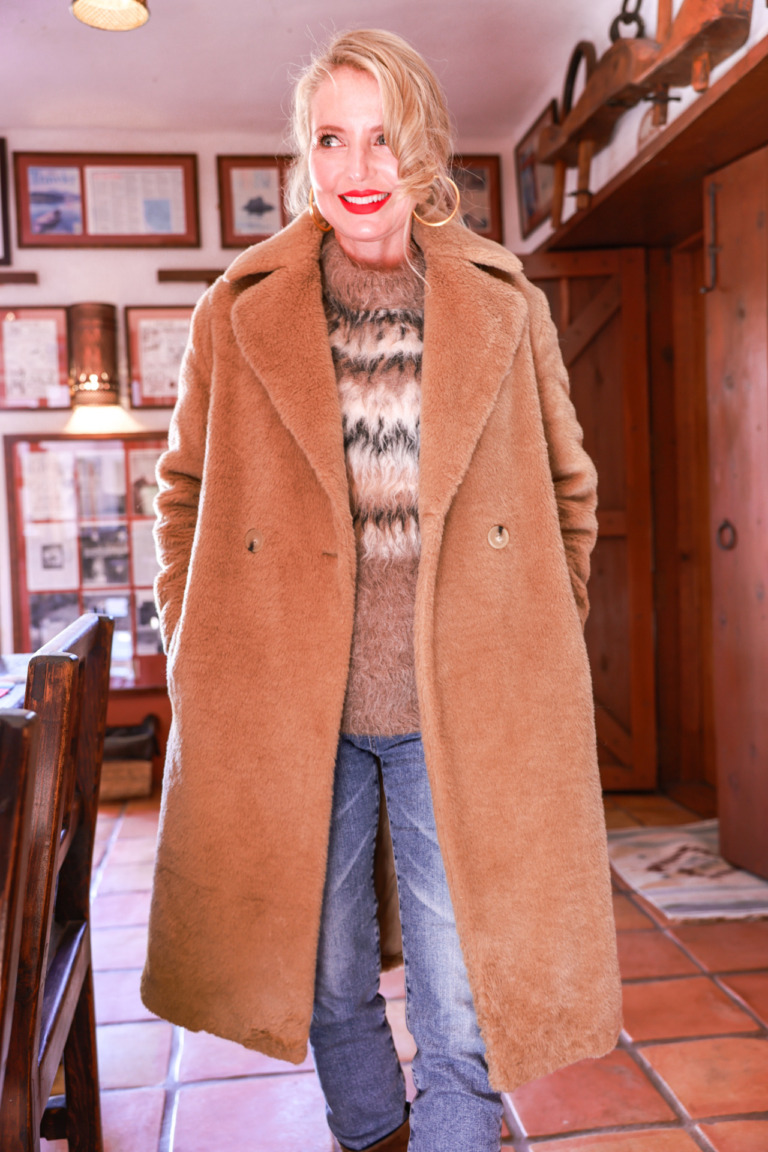 teddy coat outfit ideas, styling a teddy coat, teddy coat over 40, how to wear a teddy coat, best teddy coats, teddy coat, teddy coat outfit, vince faux shearling teddy coat, erin busbee, busbee style, fashion over 40, brochu walker alpaca fair isle sweater, AG stright leg jeans, paige brown suede boots, dean davidson earrings