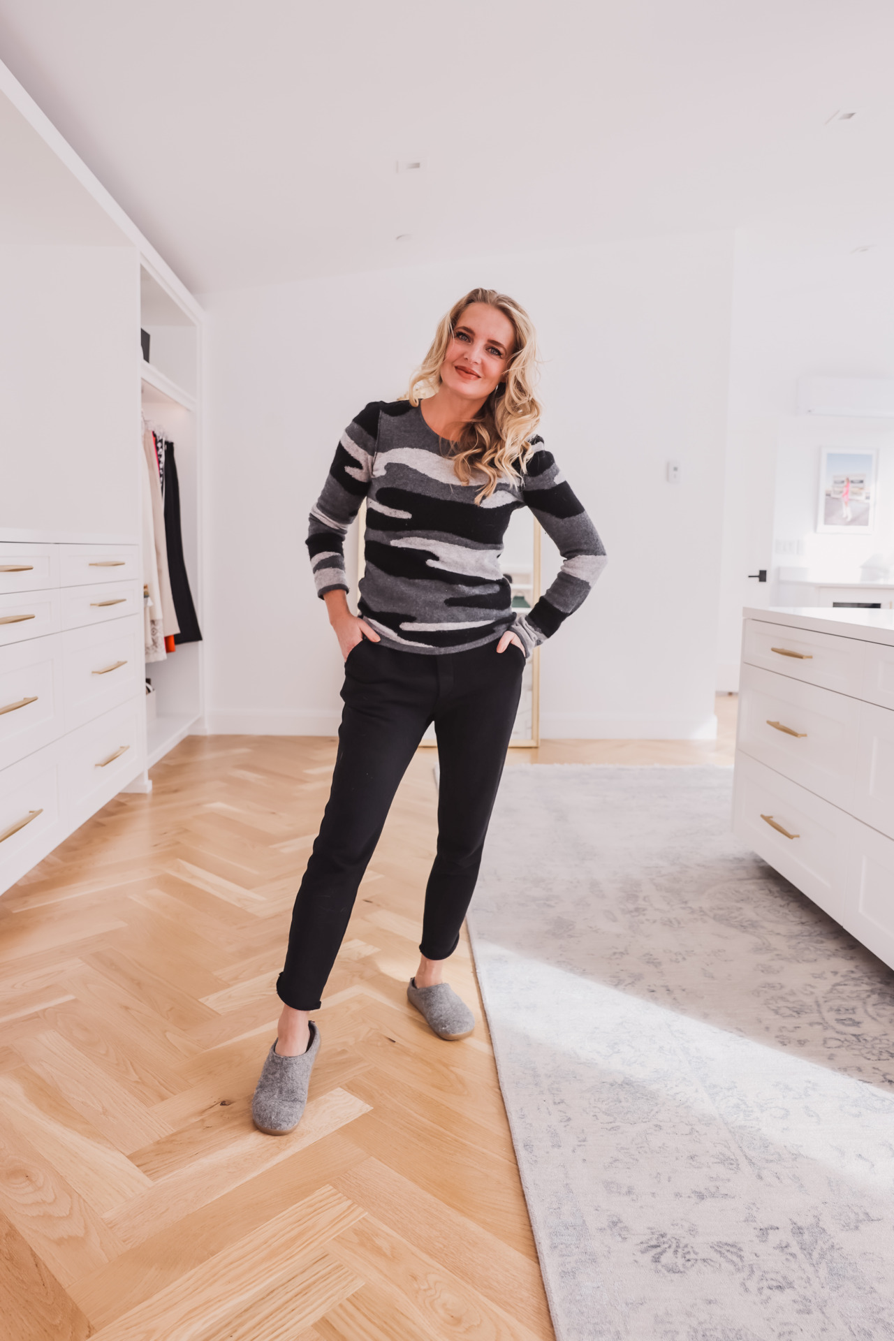 comfortable outfits for home, comfortable outfits to wear at home, what to wear at home, how to dress cute at home, stylish work from home outfits, comfy work from home clothes, erin busbee, busbee style, fashion over 40, camo sweater, frank & eileen weatpants, gray slippers