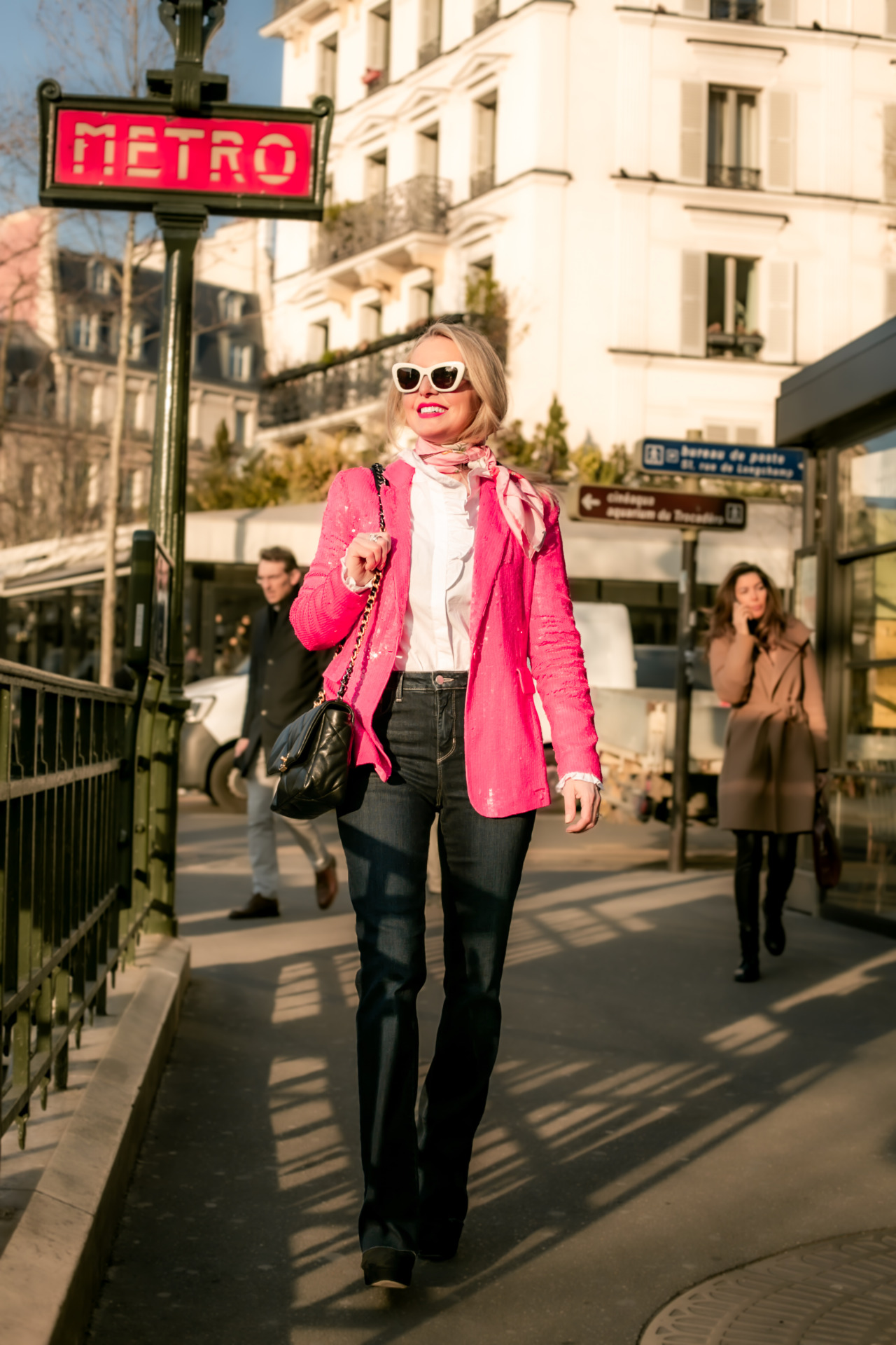 Pink Sequin Blazer & Jeans | What To Wear To Dinner in Paris