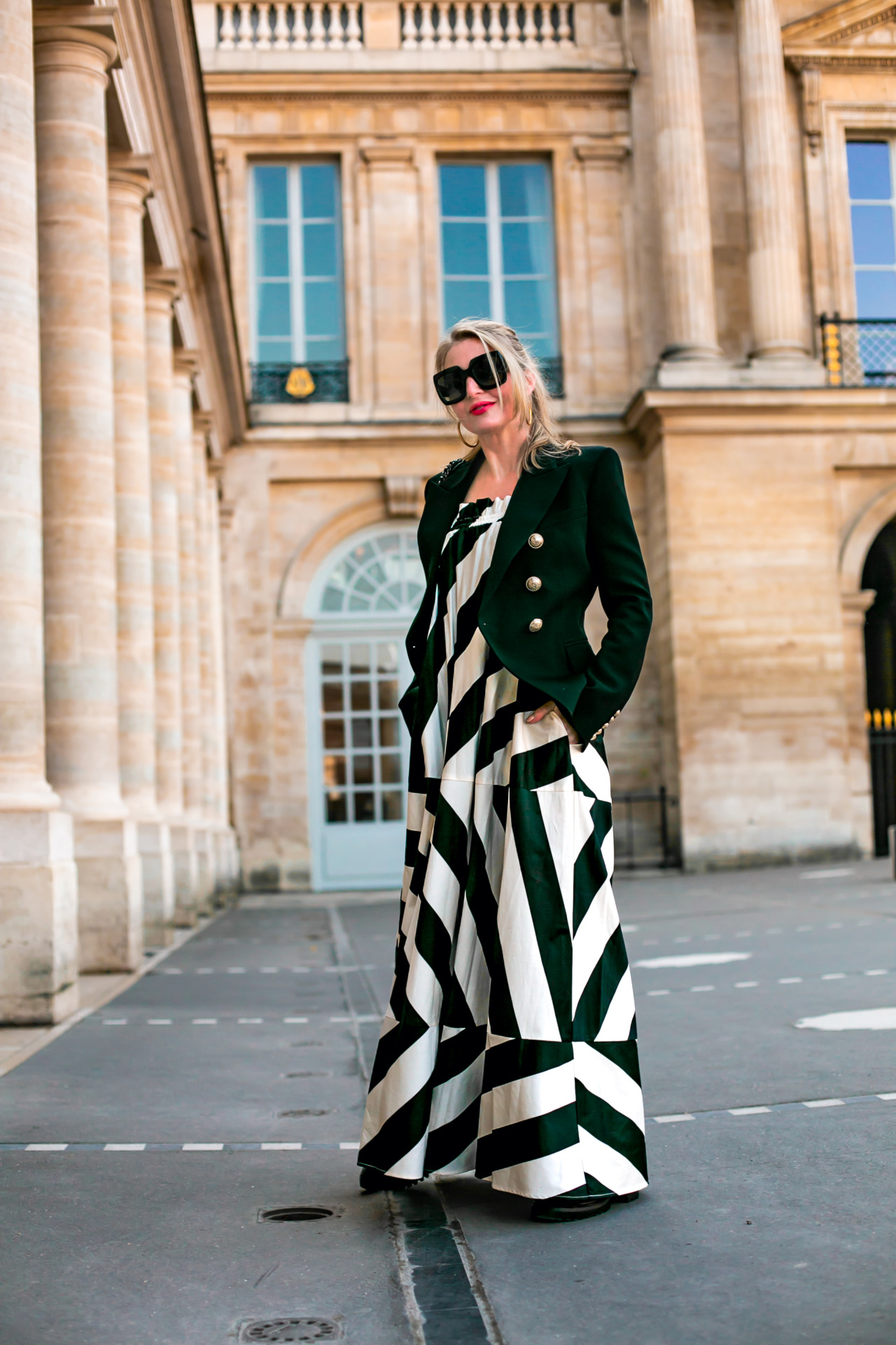 what to pack for paris, what to pack for paris fashion week, paris fashion week packing list, what I wore at paris fashion week, what I pack for a trip to paris, paris packing list, paris in febraury, erin busbee, busbee style, fashion over 40, paris, france, white and black striped tory burch maxi dress, see by chloe combat boots, gucci sunlgasses, chanel flap bag, black balmain blazer