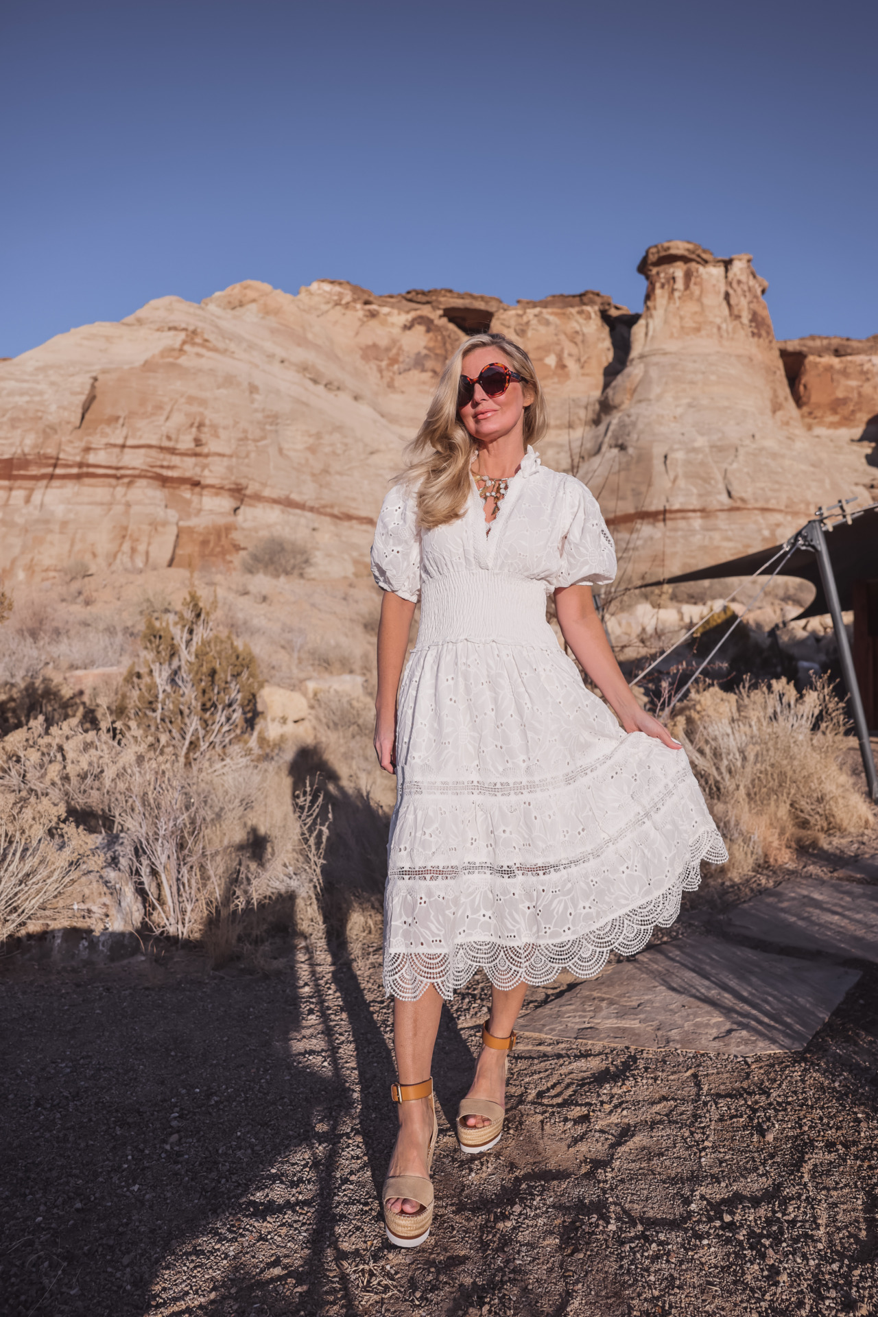 white dresses, resort white dresses, best white dresses, white dresses over 40, what to wear on vacation, summer white dresses, spring white dresses, erin busbee, busbee style, waimari white midi dress, see by chloe wedges, ulla johnson statement necklace, gucci round sunglasses