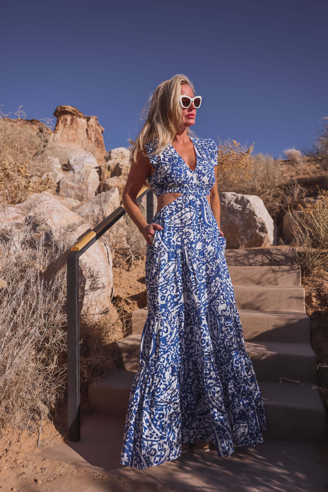 What To Wear To Easter Brunch, what to wear to easter, easter outfits, easter brunch outfits, easter brunch outfit ideas, blue and white paisley printed me+em cutout dress, see by chloe wedges, white butterfly dior sunglasses, julie vos cuffs