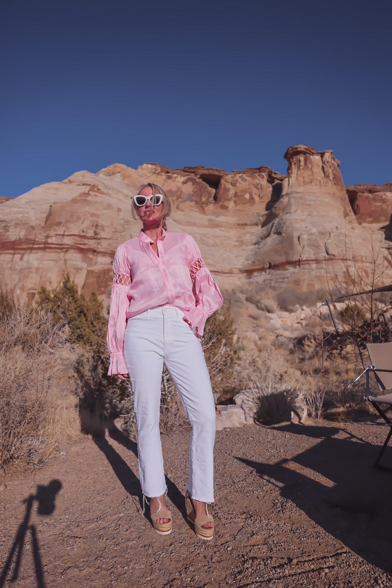 What To Wear To Easter Brunch, what to wear to easter, easter outfits, easter brunch outfits, easter brunch outfit ideas, pink aje blouse, white mother hustler jeans, see by chloe wedges, white butterfly dior sunglasses, julie vos cuffs