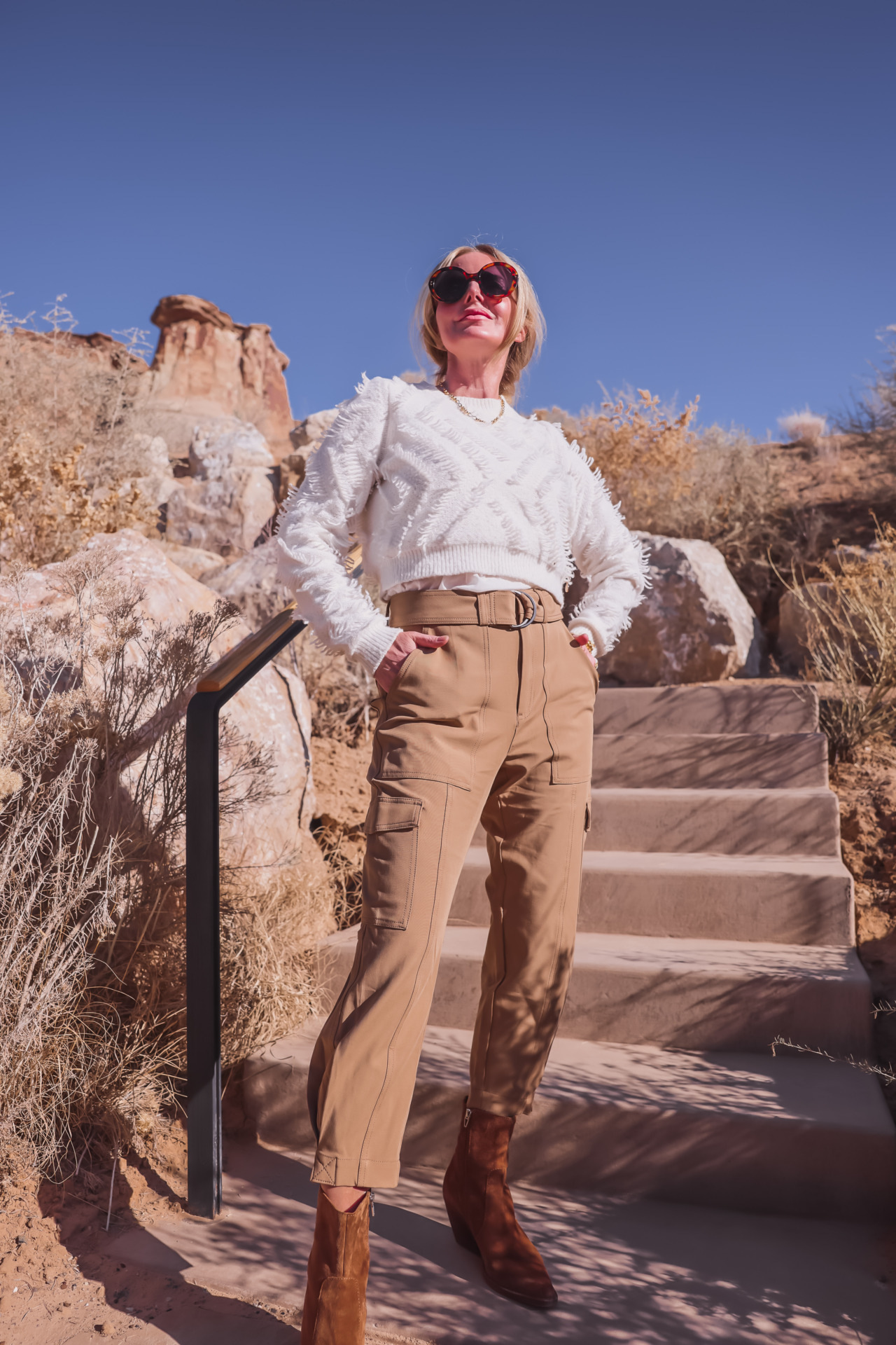 What To Wear To Easter Brunch, what to wear to easter, easter outfits, easter brunch outfits, easter brunch outfit ideas, white fringe milly sweater, tan banana republic trousers, brown suede dolce vita booties, monica vinader chain necklace, gucci sunglasses