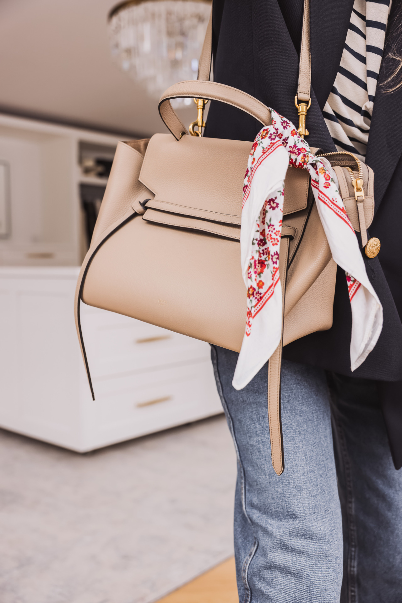 beige celine handbag, sezane floral scarf