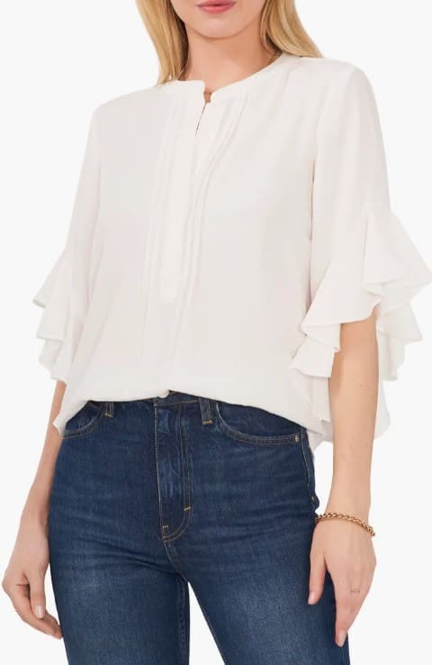 Umgee Floral Ruffle Sleeve Split-Neck Top