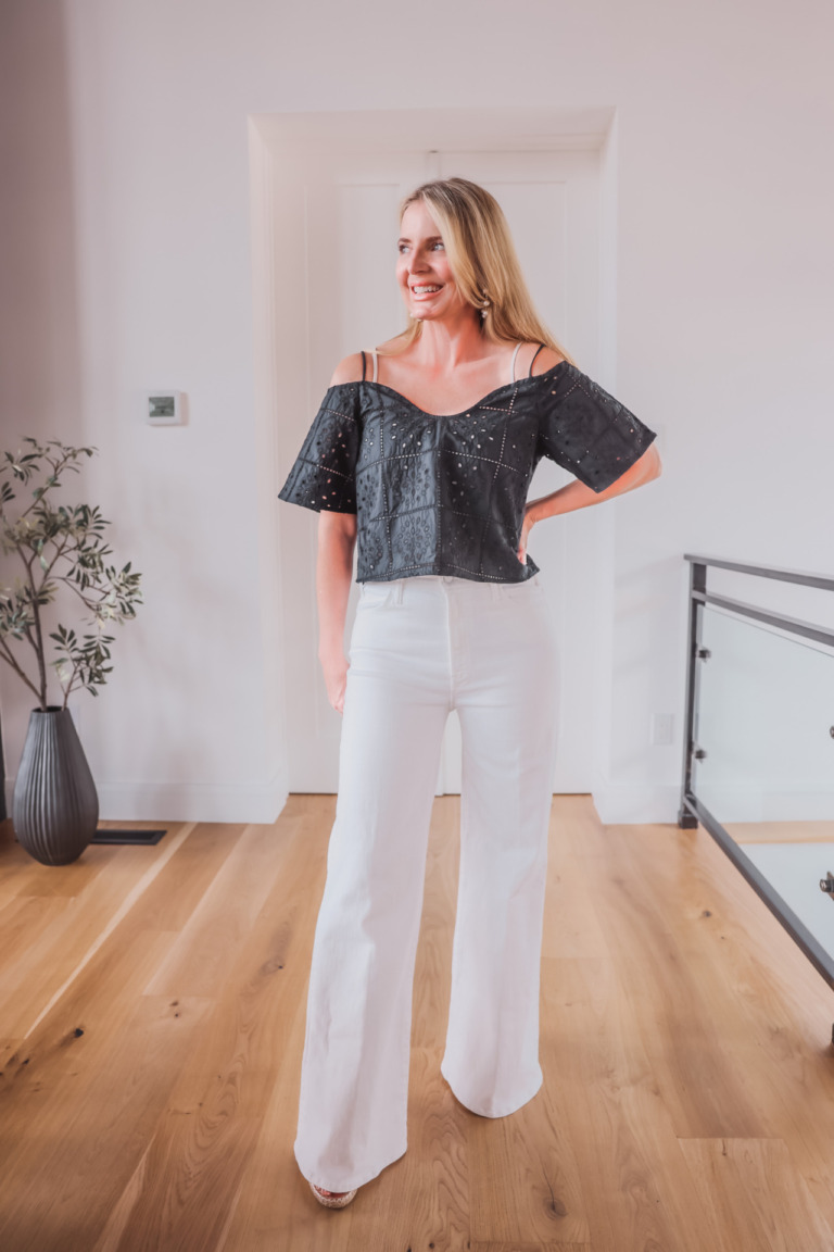 affordable going out tops, what to wear on date night, what to wear on girls night out, tops for date night, tops for girls night out, sexy tops, erin busbee, busbee style, fashion over 40, ganni eyelet off the shoulder blouse, white jeans, valentino wedges