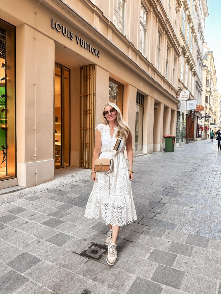 Affordable white dresses, pretty white dresses for summer, white sundress, cute dresses for travel, versatile white dresses, casual white summer dress, white dresses for women, Erin Busbee, Busbee Style, Aqua eyelet midi dress