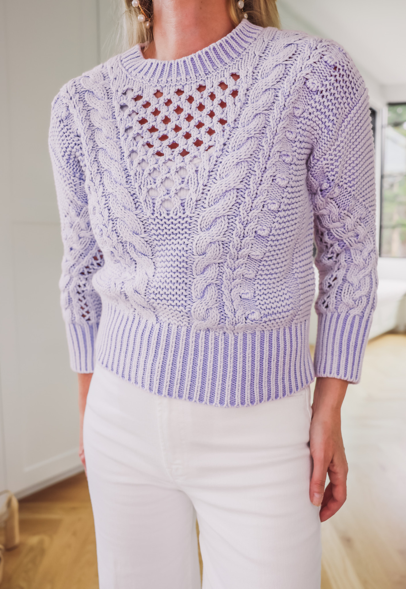 crochet sweater with white jeans